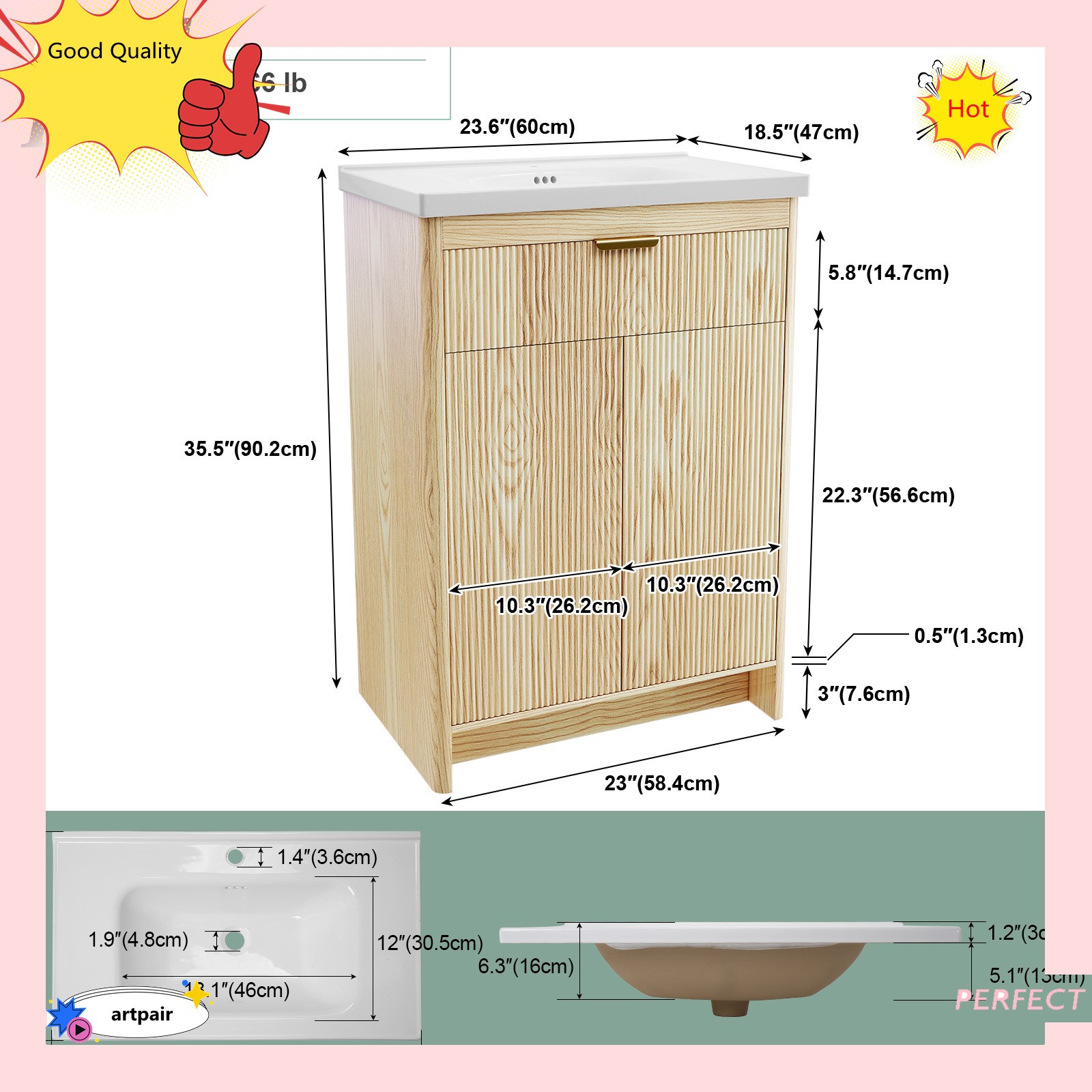 23.6″ Bathroom Wood Vanity &Ceramic Sink,Freestanding Storage Cabinet Vanity NEW