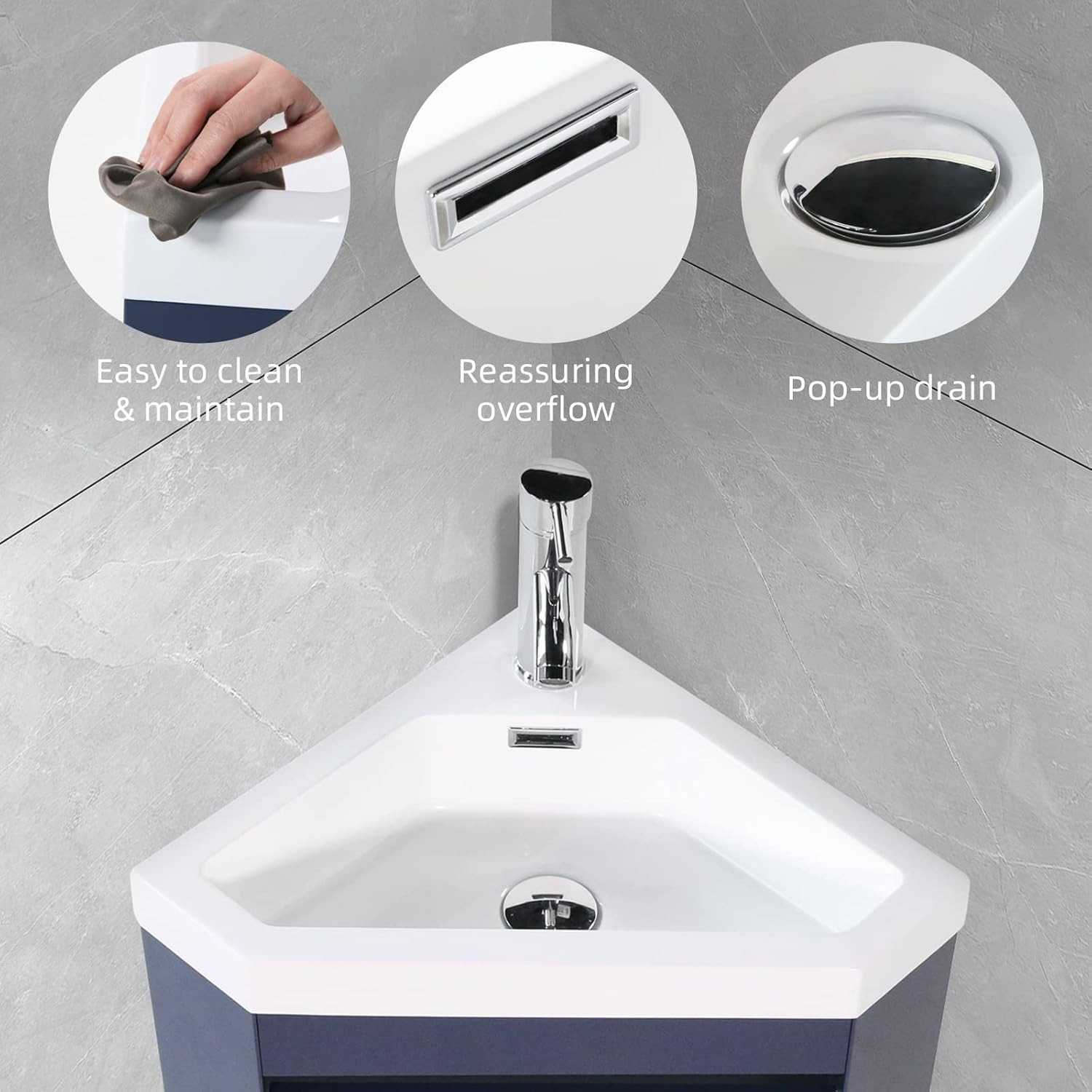 Navy 16″ Corner Bathroom Vanity Sink Combo with Chrome Faucet & Drain