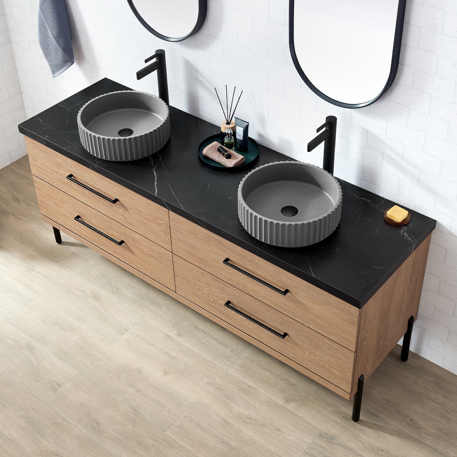 Trento 72″ Double Bath Vanity with Black Sintered Stone Top with Concrete Sink
