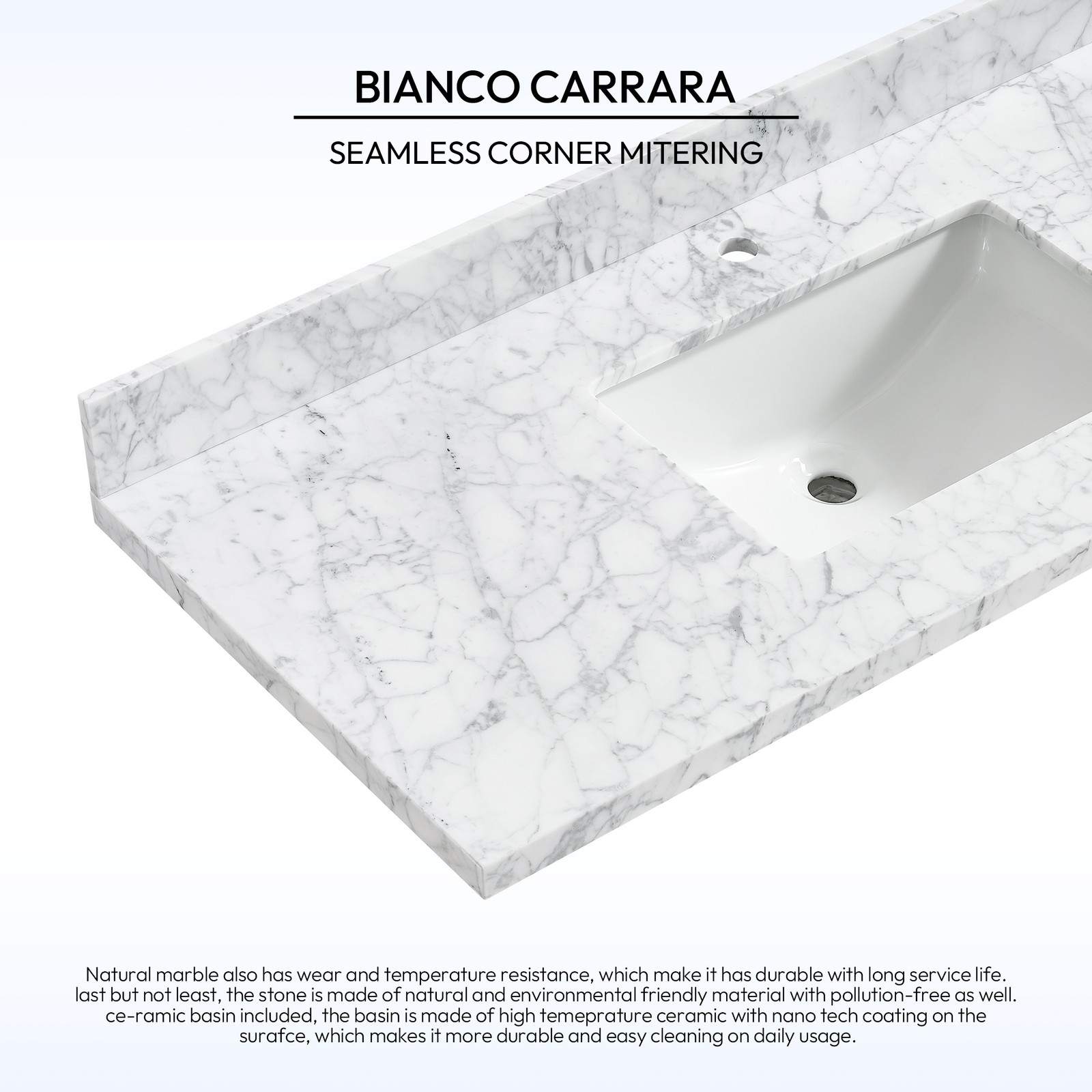 Zevio 49″W x 22″D Natural Marble Vanity Top in Carrara White with Ceramic Sink