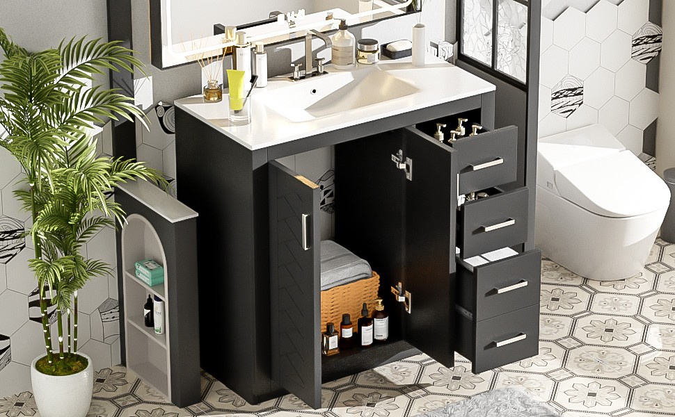 36″ Bathroom Vanity with Ceramic Sink, Solid Wood Frame, 3 Drawers, Black