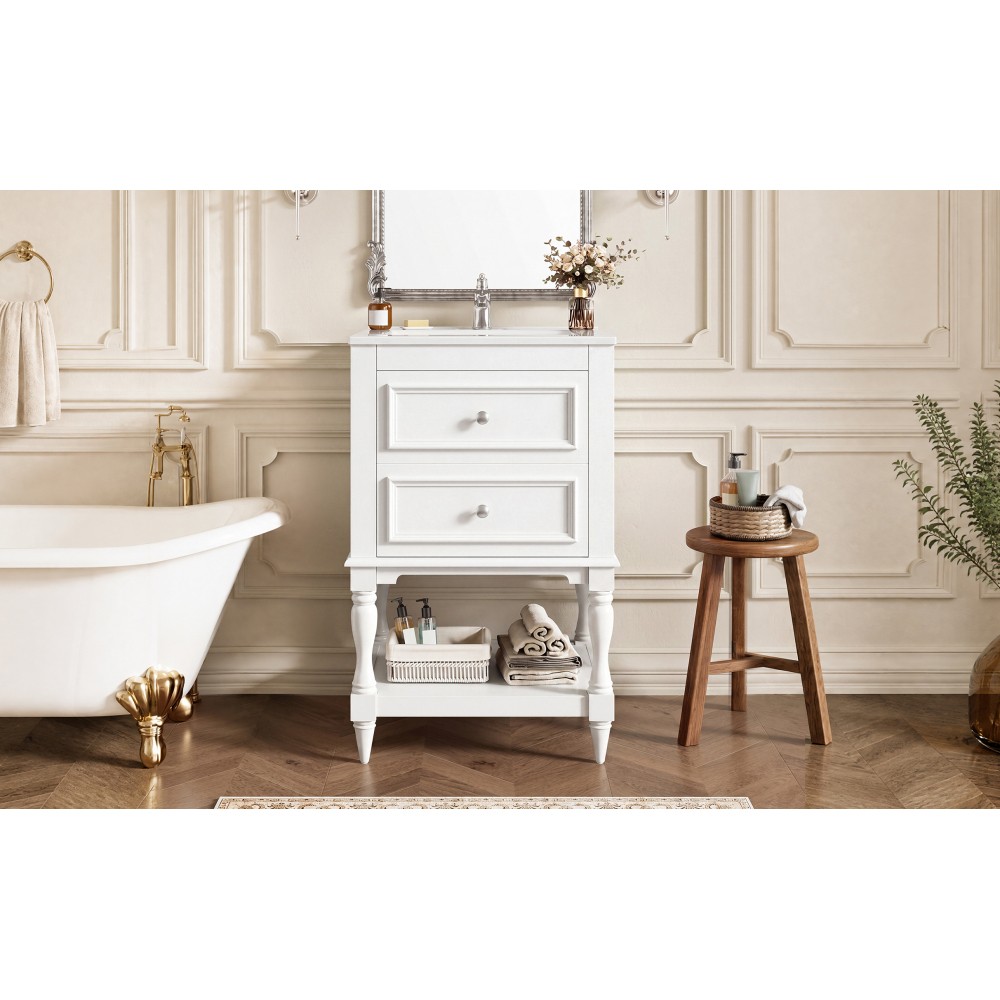 20” Retro Design Bathroom Vanity with Ceramic Sink, Open Shelf , 2 Drawers