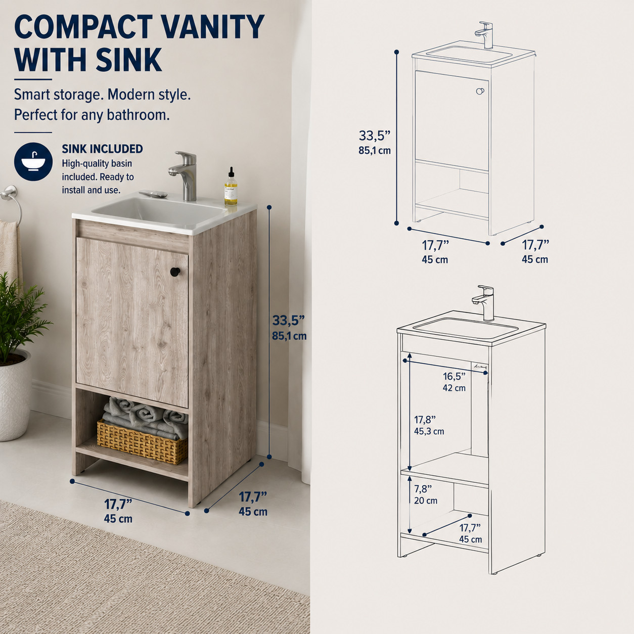 Malibu Single Sink Bathroom Vanity Combo, 45″W, Light Gray