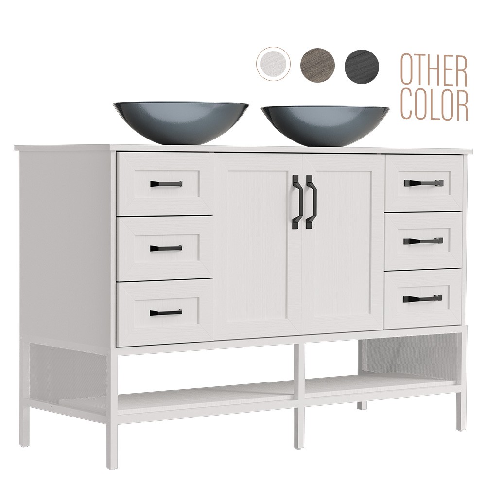 48″ Bathroom Vanity with Tempered Glass Countertop Sink Iron Wood Cabinet White