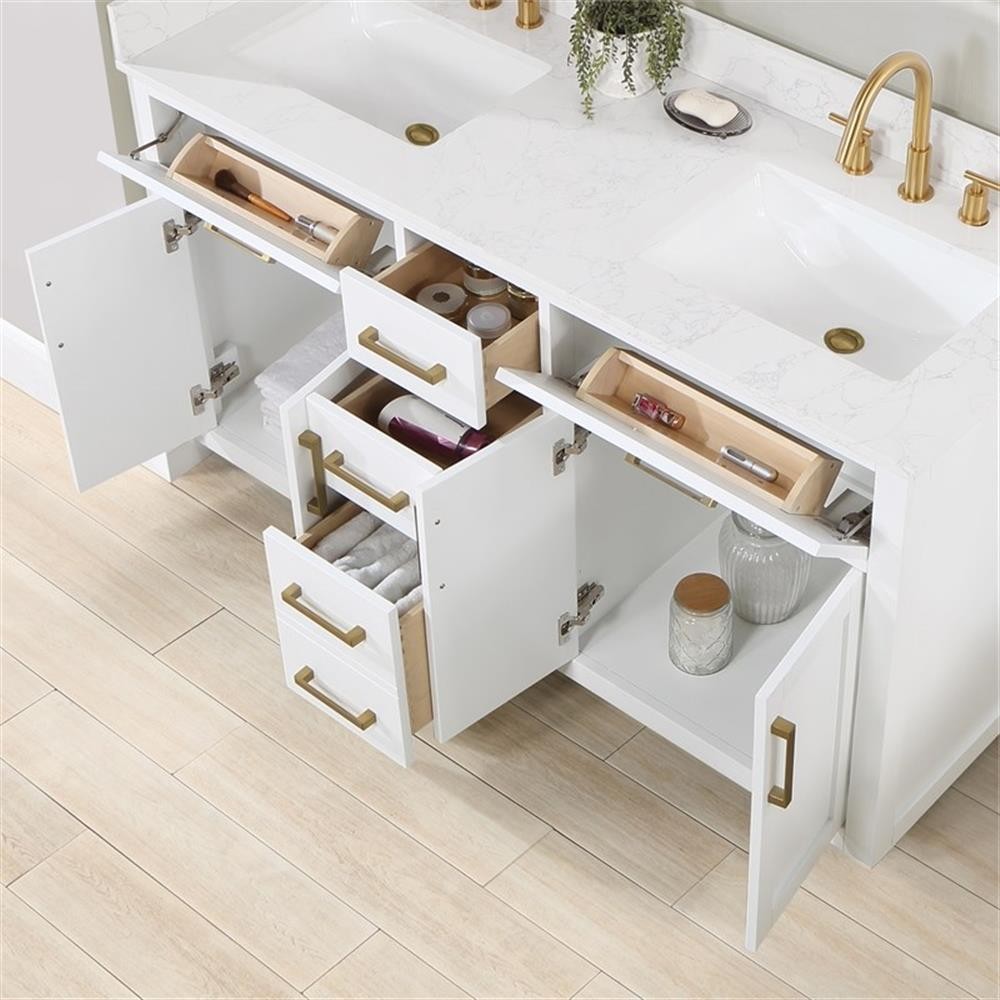 Gavino 60″ Wood Vanity in White with Grain White Composite Stone Top and Mirror