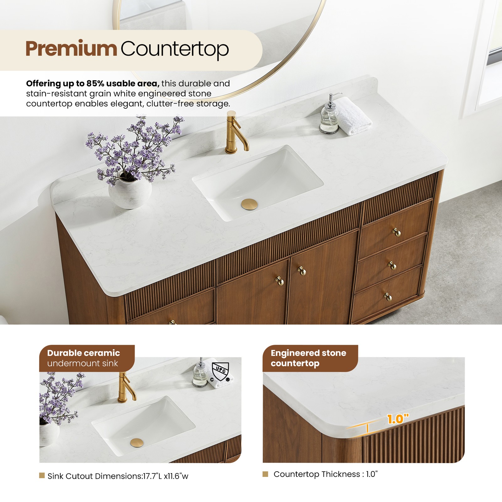 Zogno 60″ Single Sink Bath Vanity in Natural Walnut with White Grain Stone Top