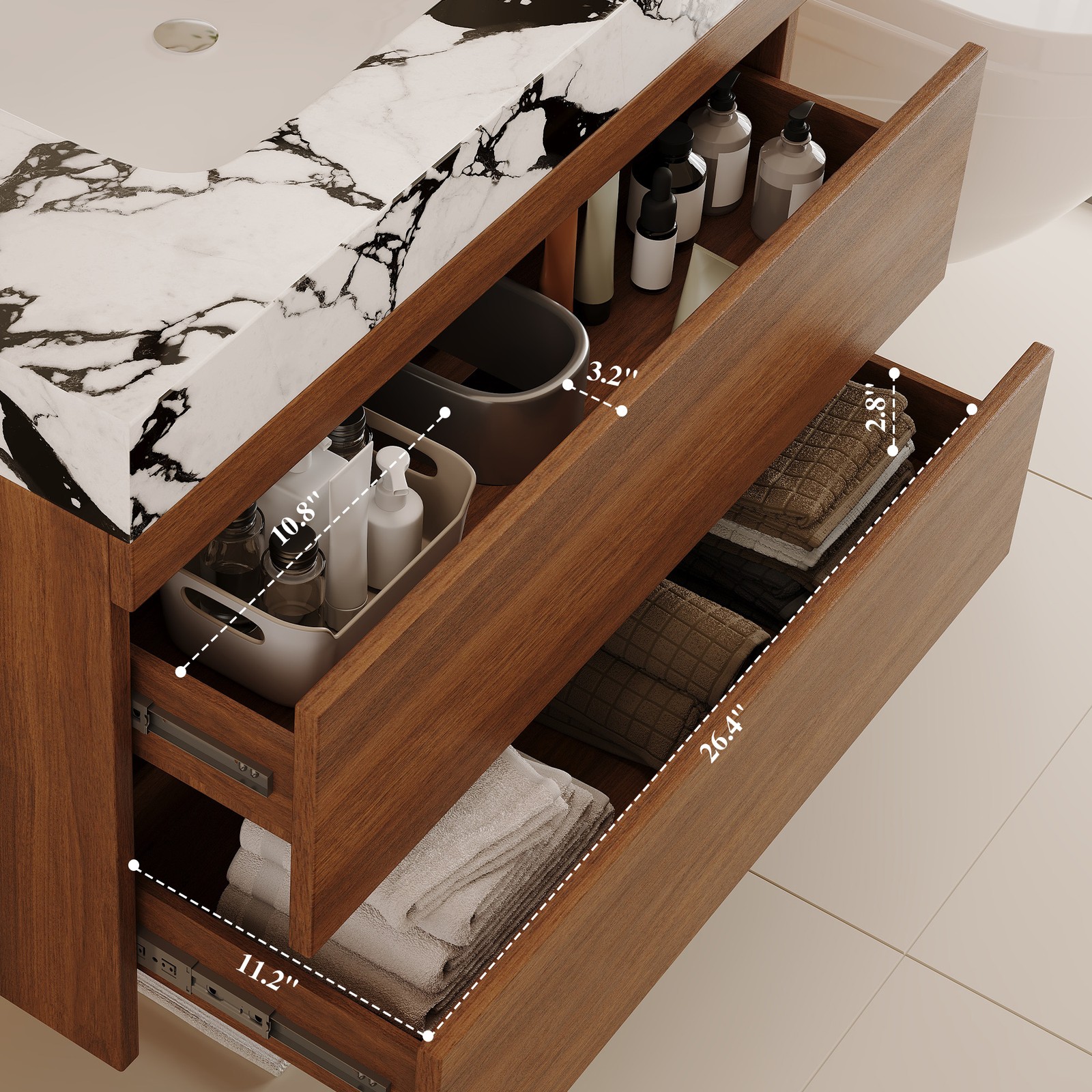 29.9″ Modern Floating Bathroom Vanity Storage Cabinet w/Faux Marble Top & Sink