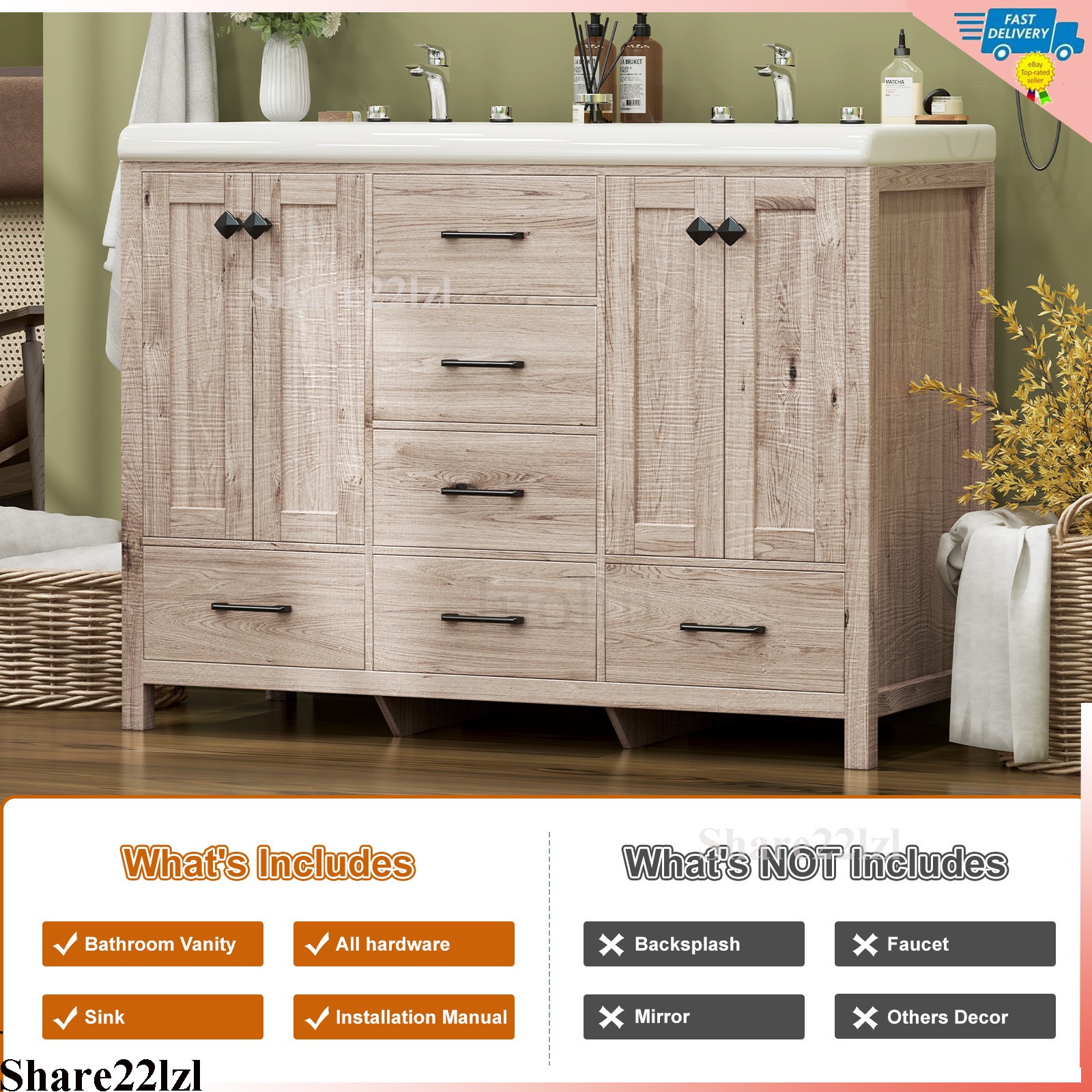 47inch Bathroom Vanity Retro Bathroom Storage Cabinet with Ceramic Sink Wooden