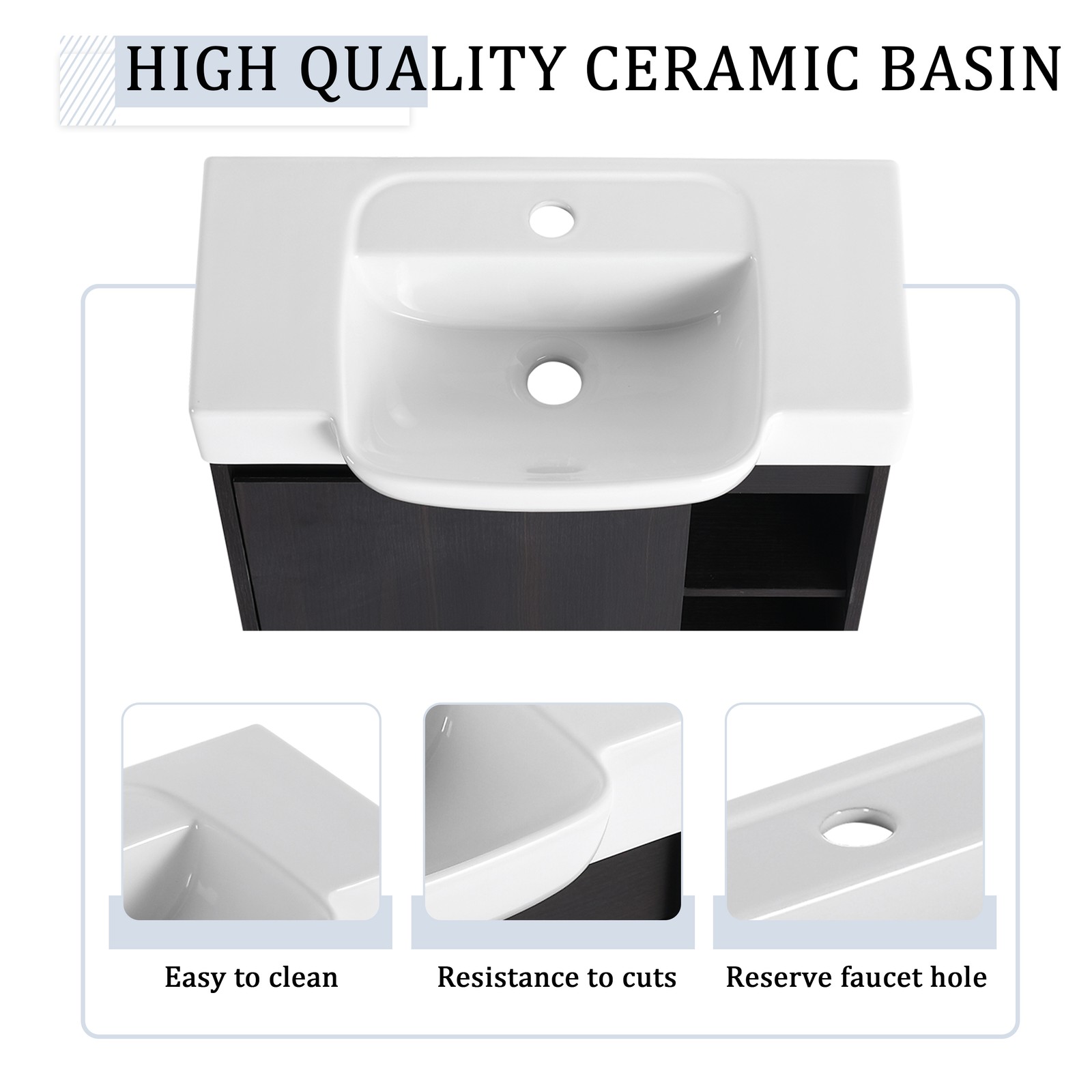 24″ Plywood Wall-Mounted Bathroom Vanity Cabinet W/ White Ceramic Sink Dark Oak