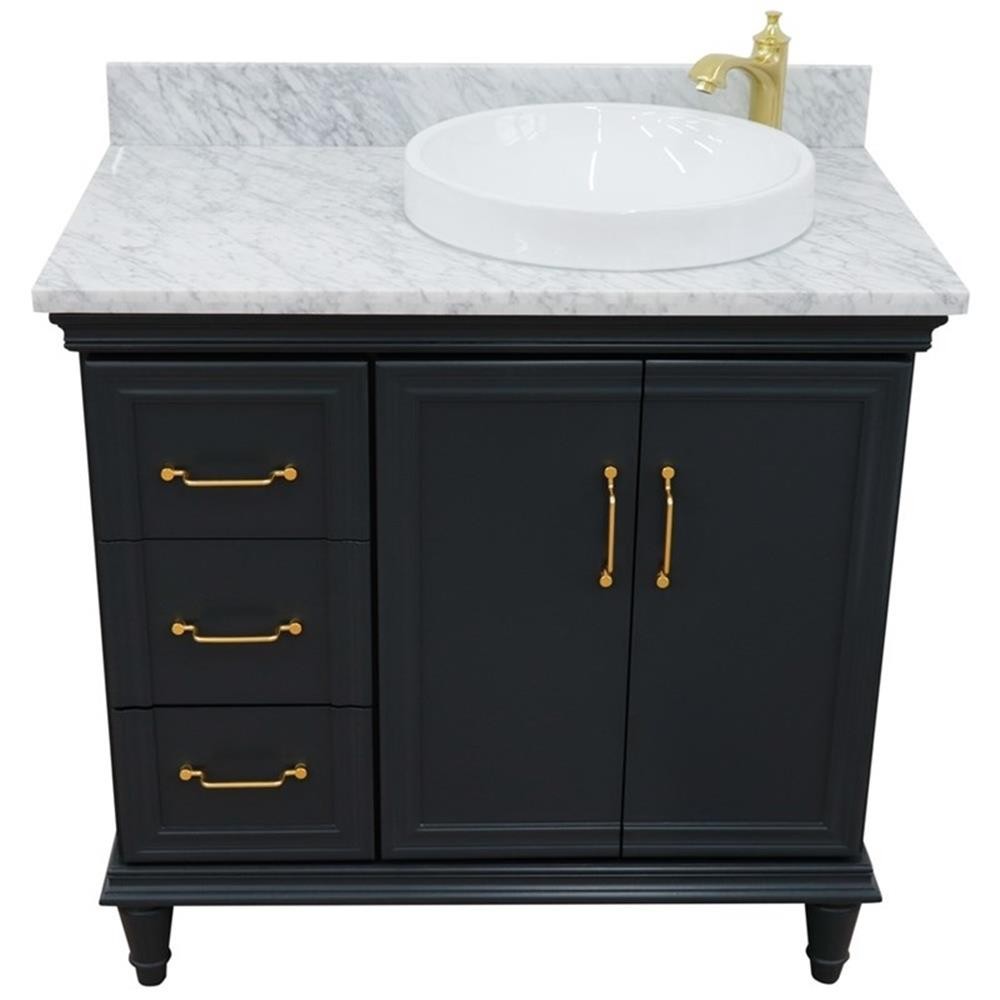 37 in. Single Wooden Vanity Dark Gray White Carrara Round Right Door.Right Sink