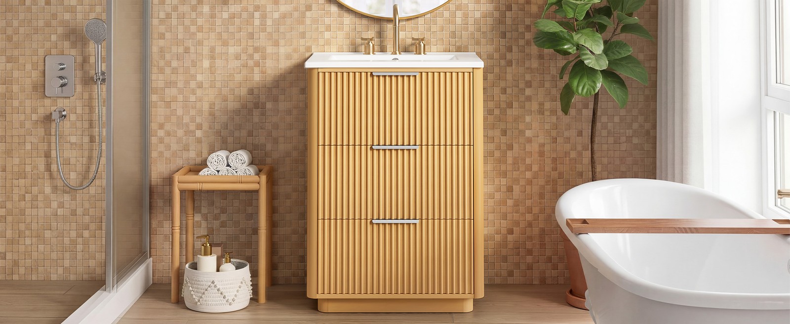 24 Inch Modern Bathroom Vanity with Ceramic Sink, Wood Cabinet