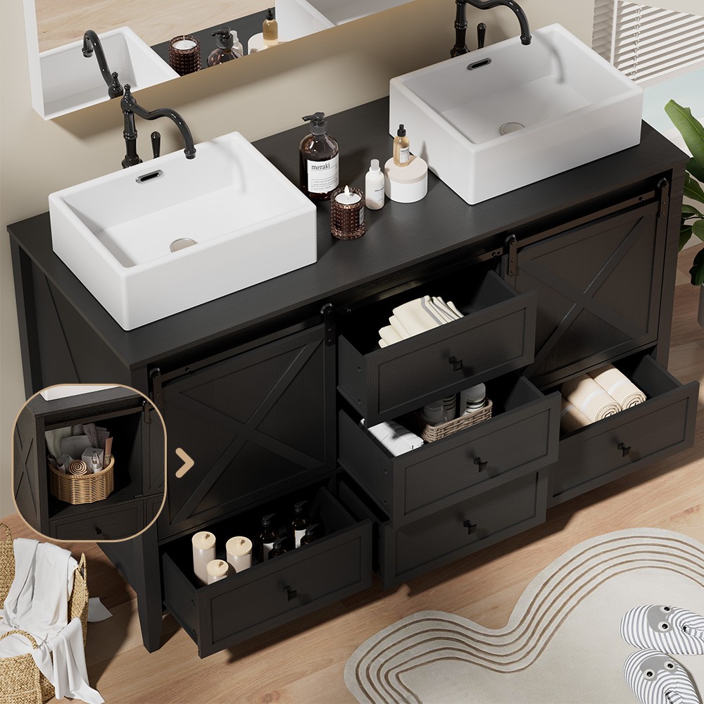 60″ Bathroom Vanity with Sink Floor Stand Storage Cabinet Set Wood Grain Black