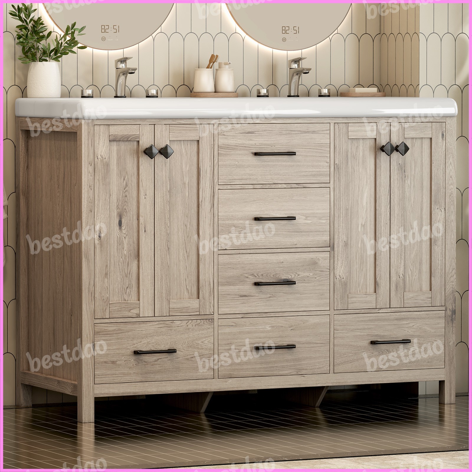 47 Inch Bathroom Vanity Double Ceramic Sinks Combo Storage Doors and Drawers