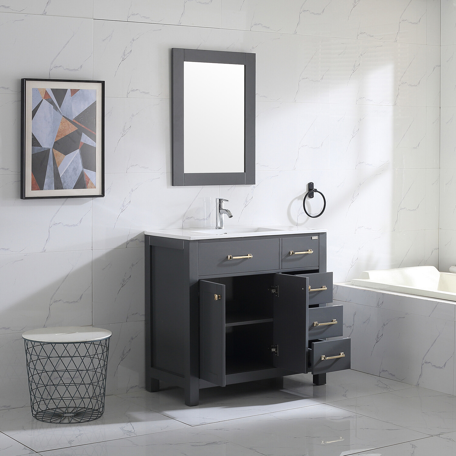 Wonline 36″ Bathroom Vanity Gray Cabinet & Ceramic Vessel Sink Shaker Vanity Set