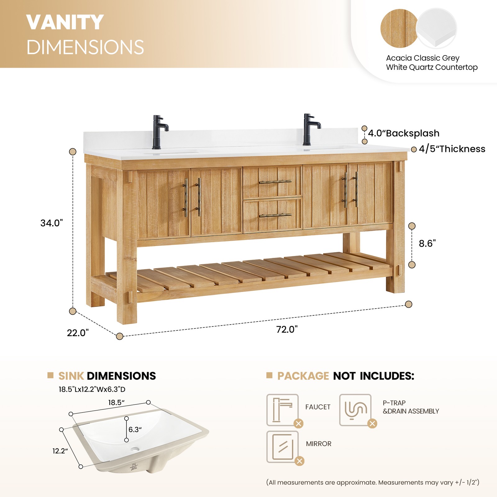 Paris 72″ Double Bath Vanity in Acacia Classic Grey with White Quartz Stone Top