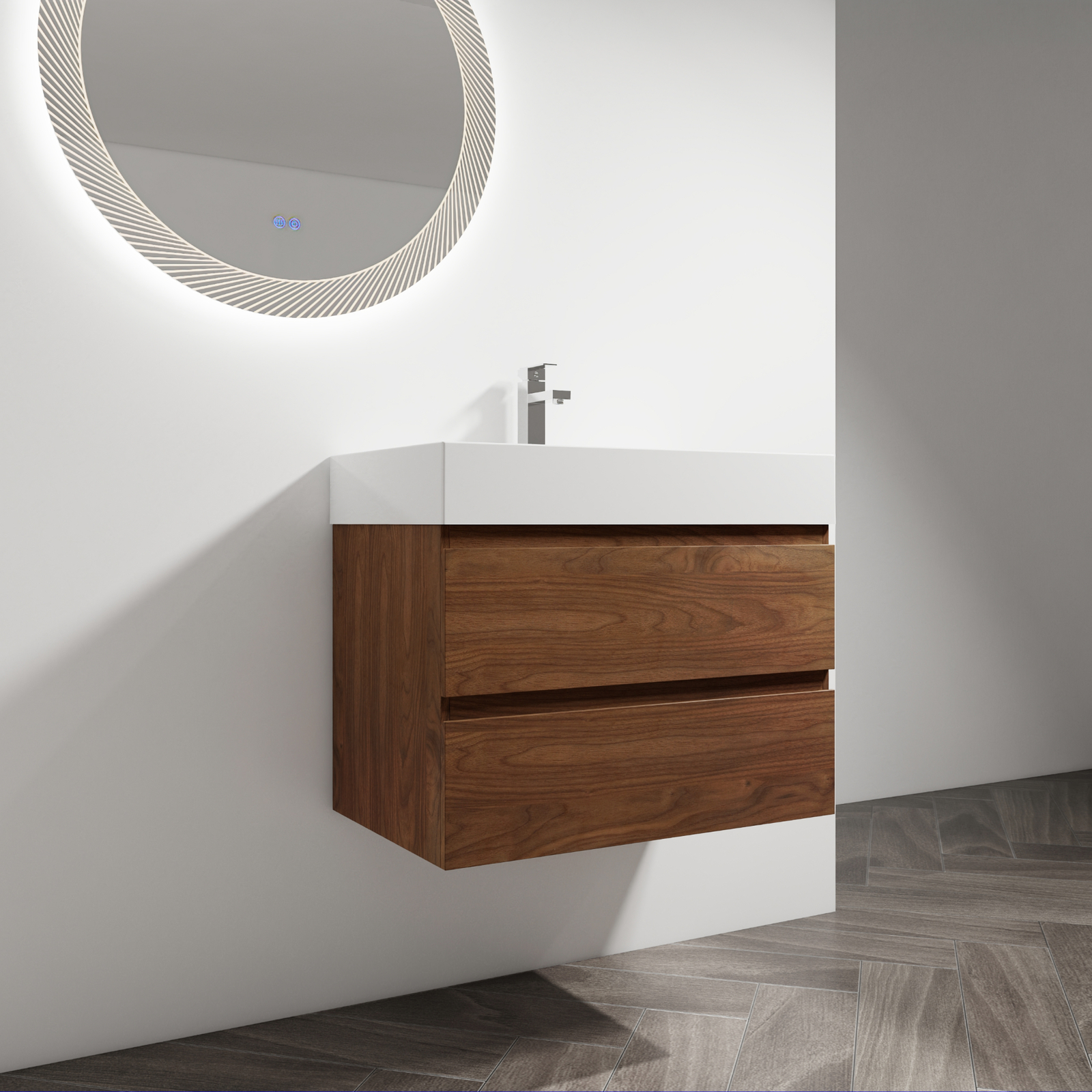30″ Wall-Mounted Bathroom Vanity Cabinet W/Resin Sink 2-Soft Close Drawers Brown