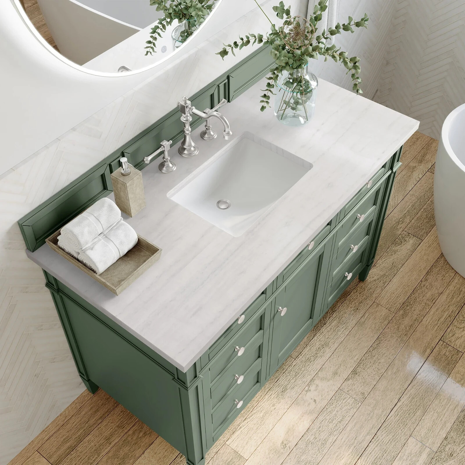 48″ James Martin Brittany Sage Green Single Bathroom Vanity + White Marble Top