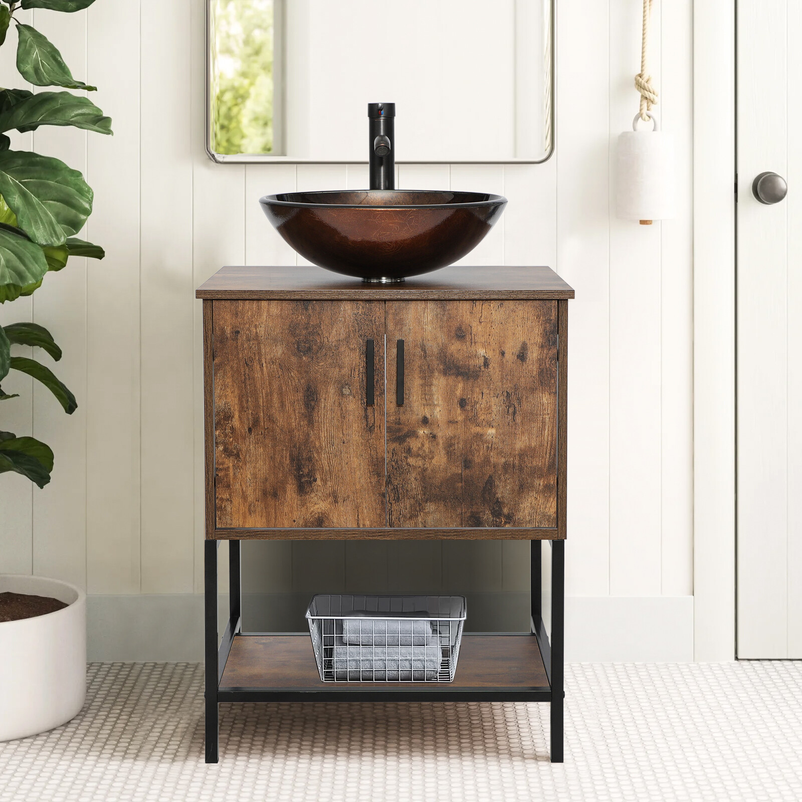 24″ Bathroom Vanity Sink Combo Brown Cabinet Vanity Tempered Glass/Ceramic Sink