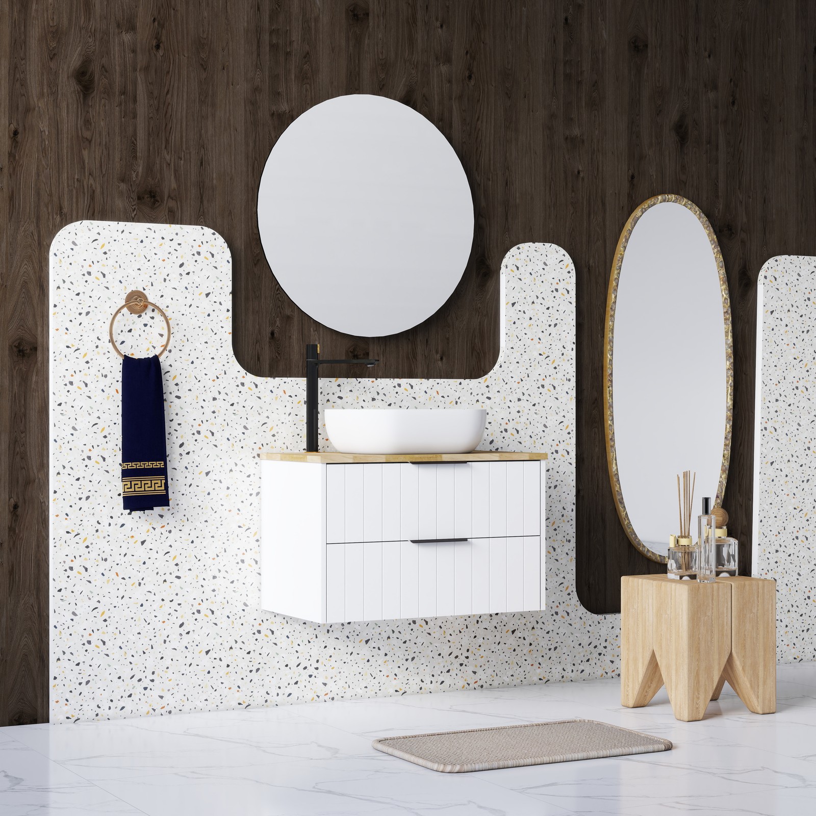 32 Inch Double Drawer Wall Mount Bathroom Vanity White Cabinet Solid Wood Top