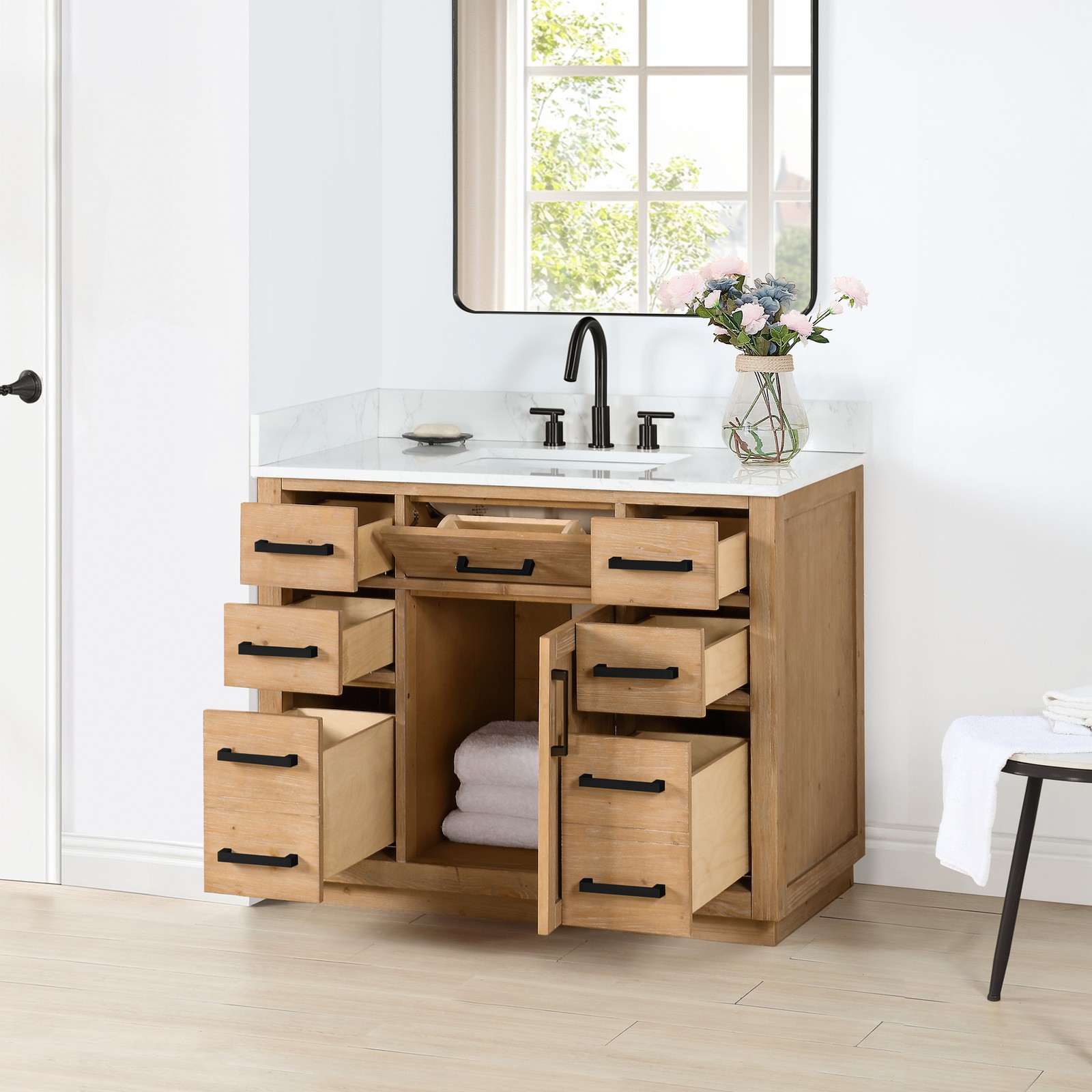 Gavino 42″ Wood Vanity in Light Brown with Composite Stone Top no Mirror