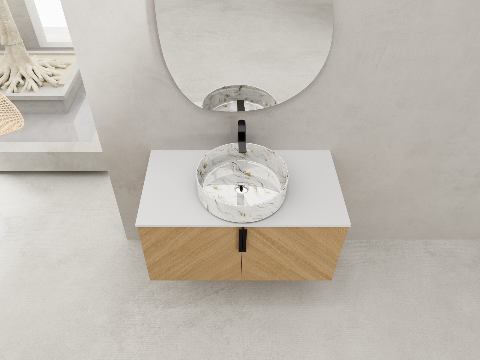 36 in Wall-Mounted Bathroom Vanity W/ Ceramic Vessel Sink Artificial Stone Slab