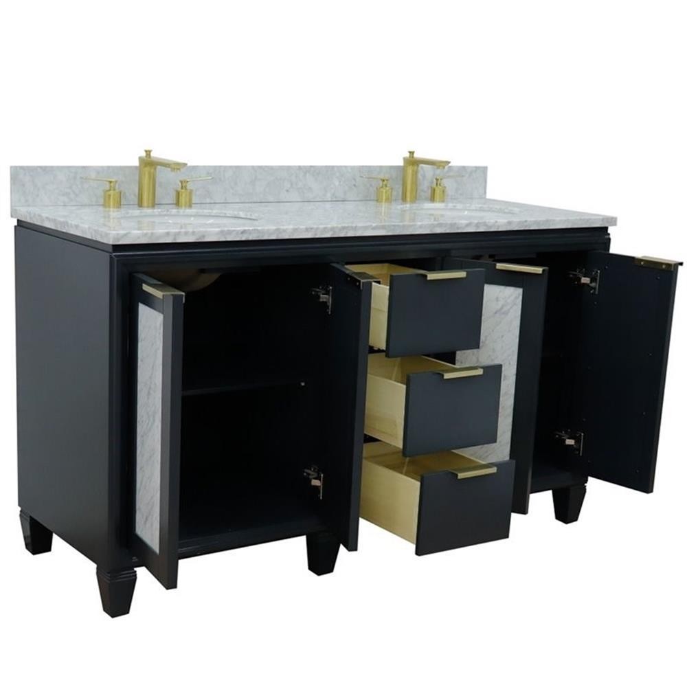 Pemberly Row 61″ Solid Wood Double Oval Sink Vanity in Dark Gray/White Carrara