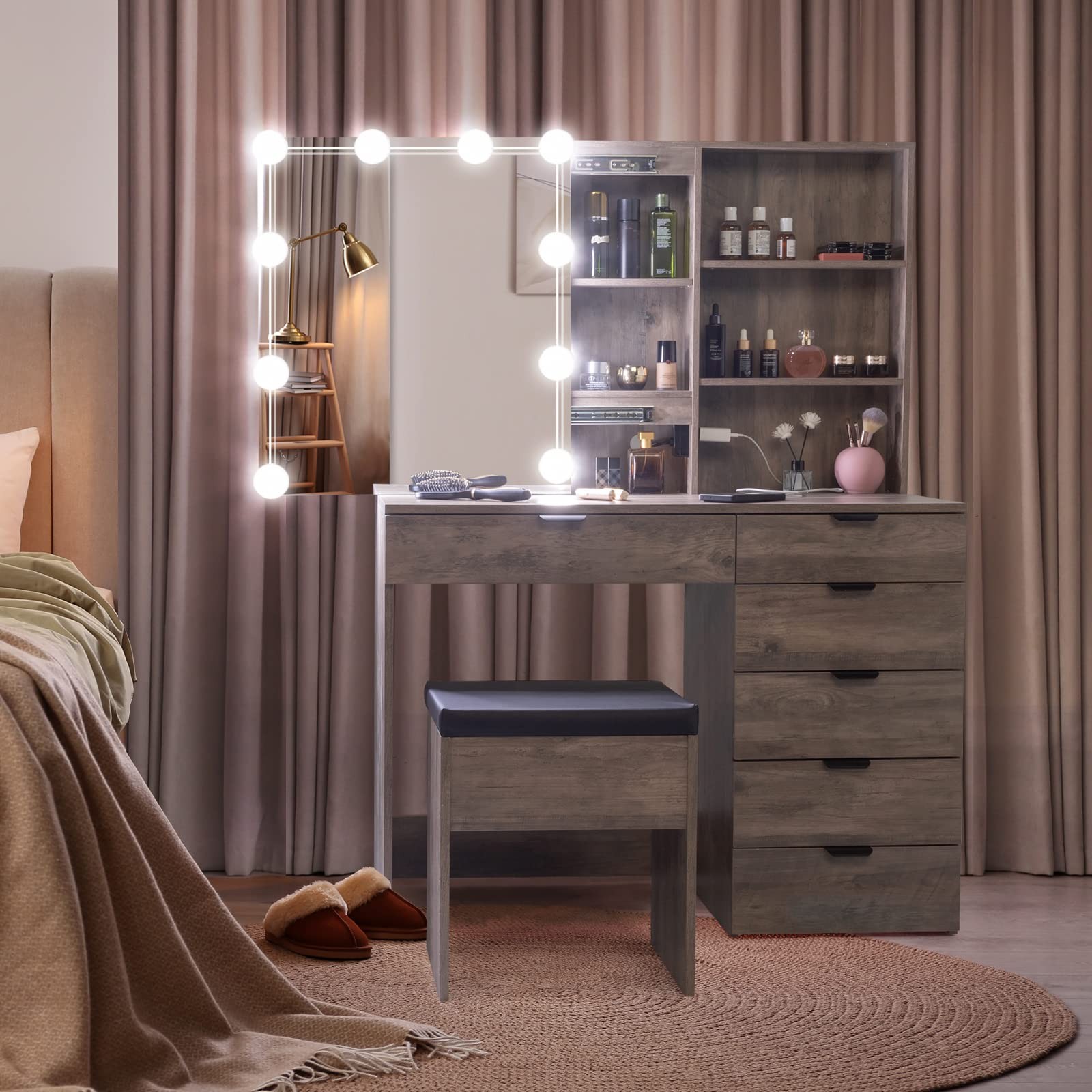 Makeup Vanity Desk Set with Lighted Mirror 10 Bulbs Shelves 6 Drawers Stool Grey