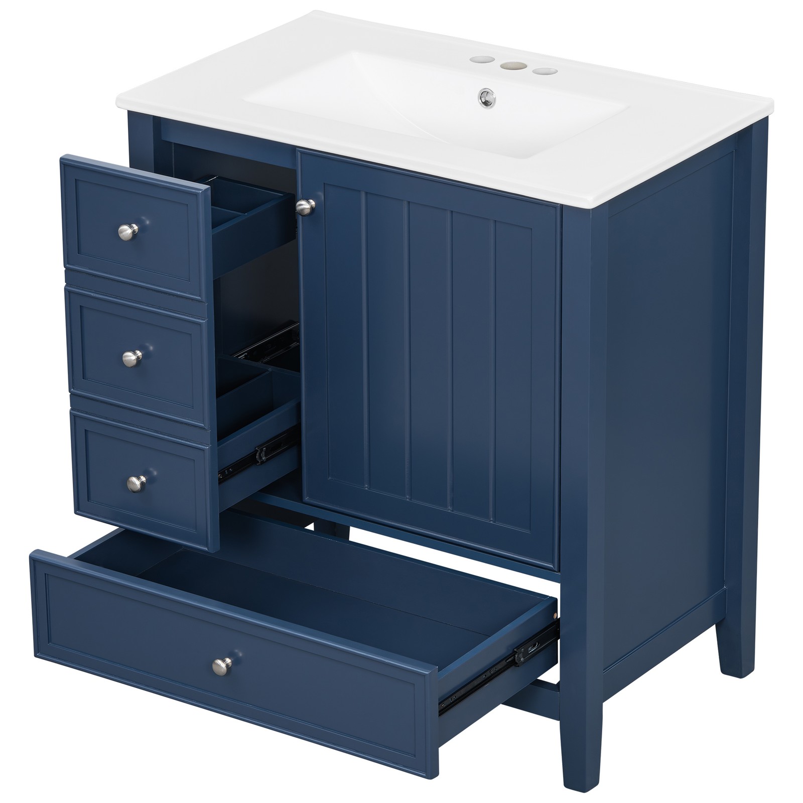 30″ Blue Bathroom Vanity with Sink, 1 Cabinet & 3 Drawers, Solid Wood & MDF
