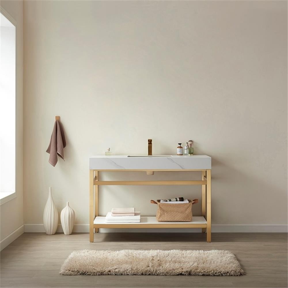 Funes 48″ Single Sink Bathroom Vanity in Brushed Gold Frame White Top No Mirror