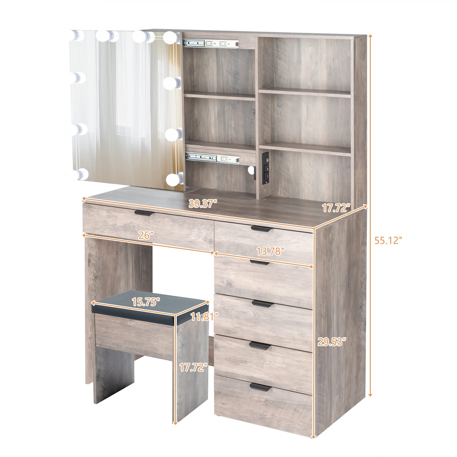 Makeup Vanity Desk Set with Lighted Mirror 10 Bulbs Shelves 6 Drawers Stool Grey