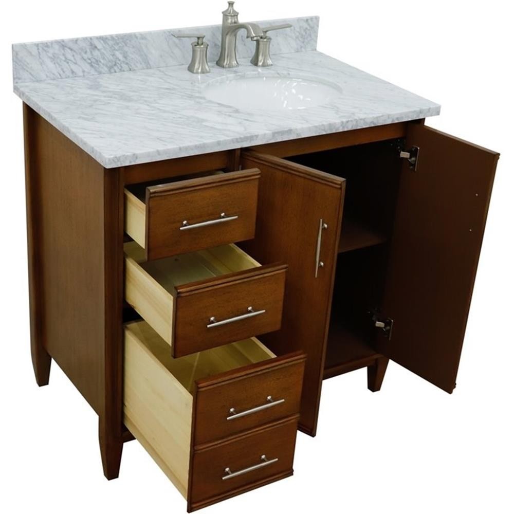 MCM Solid Wood Single Vanity with Right Oval Sink in Walnut/White Carrara