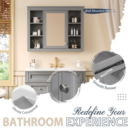 36” Blue Bathroom Vanity w/ Sink & Mirror Cabinet Storage Soft Close Doors