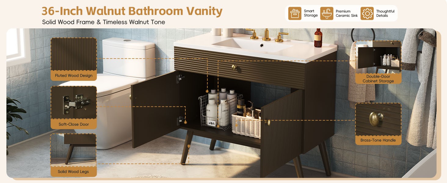 36″ Striped Bathroom Vanity, Soft-Close Dual-Door & Ceramic Sink, Dark Brown