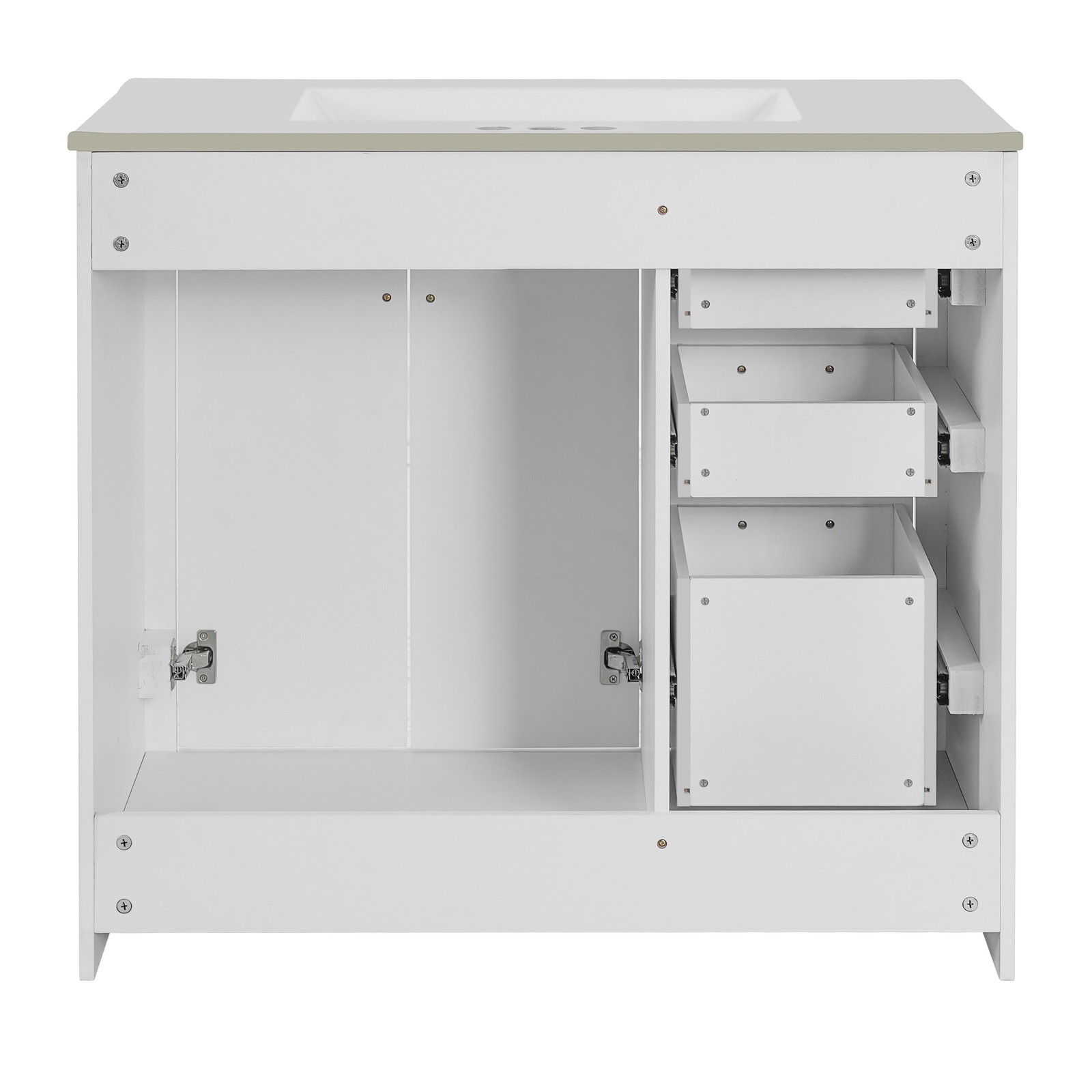 36″ Bathroom Vanity with Ceramic Sink, Solid Wood Frame, 3 Drawers & Doors