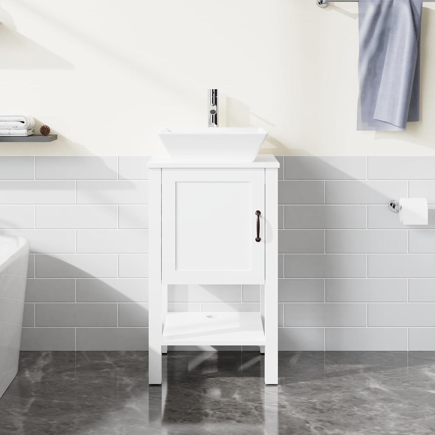 18″ Washbasin Bathroom Vanity Vessel Sink Cabinet with Faucet Modern White