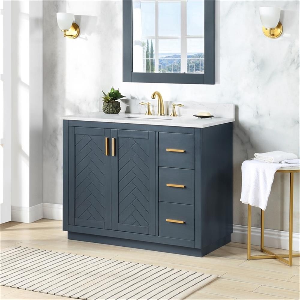 Pemberly Row 42″ Charcoal Blue Wood Vanity w/ Composite Stone Top without Mirror
