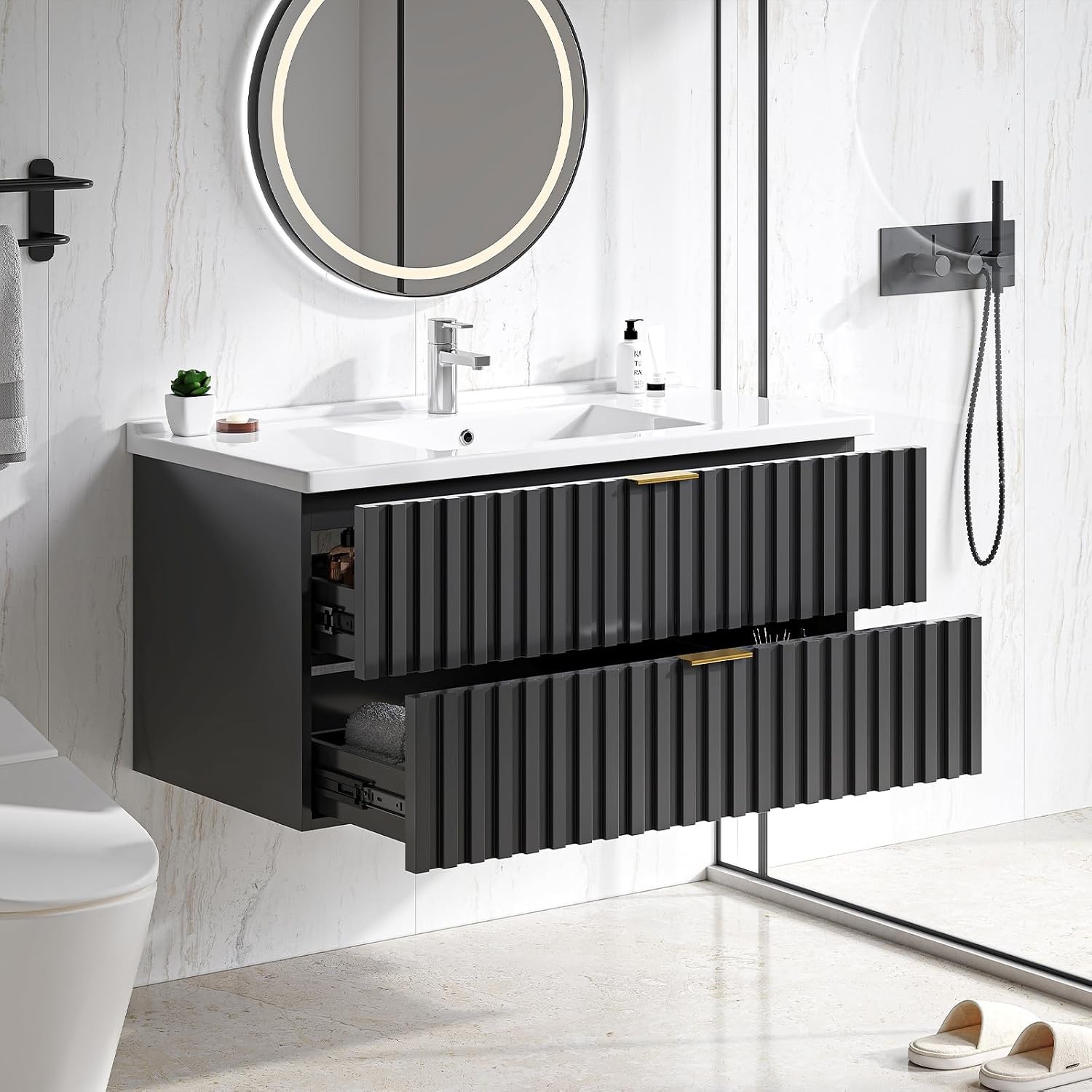 24 Inch Bathroom Vanity W/ Sink Combo Floating Bathroom Vanity W/ 2 Fluted
