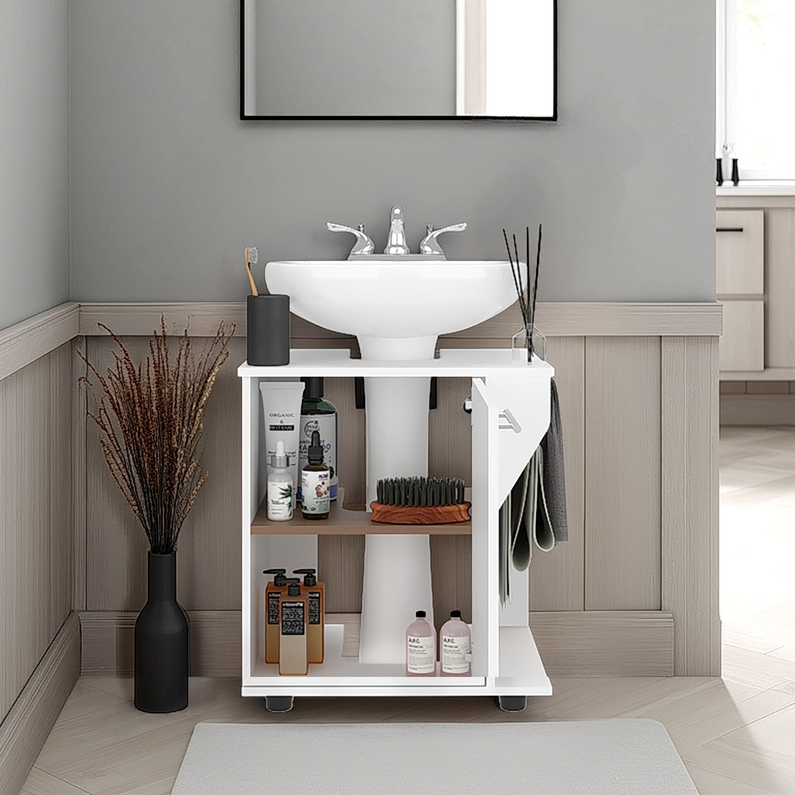 Under Sink Storage 24.4″ H, 1 Door, 2 Shelves, 4 Legs, White – Bathroom