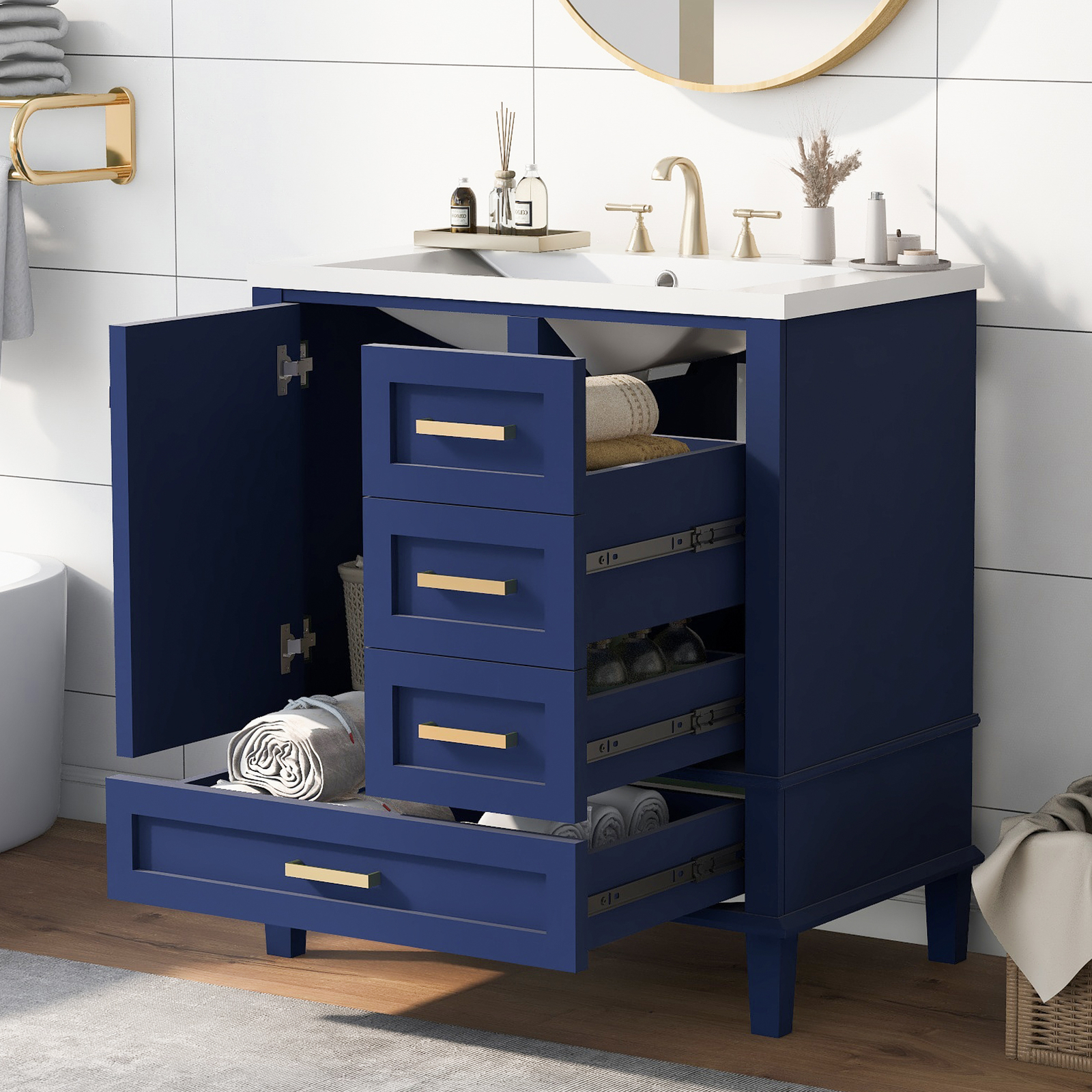 30″ Solid Wood Bathroom Vanity Cabinet with Resin Sink Top, 1 Door and 3 Drawers