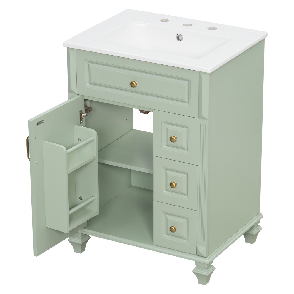 24″ Freestanding Vanity with Ceramic Sink & 3 Drawers, Solid Wood & MDF, Green