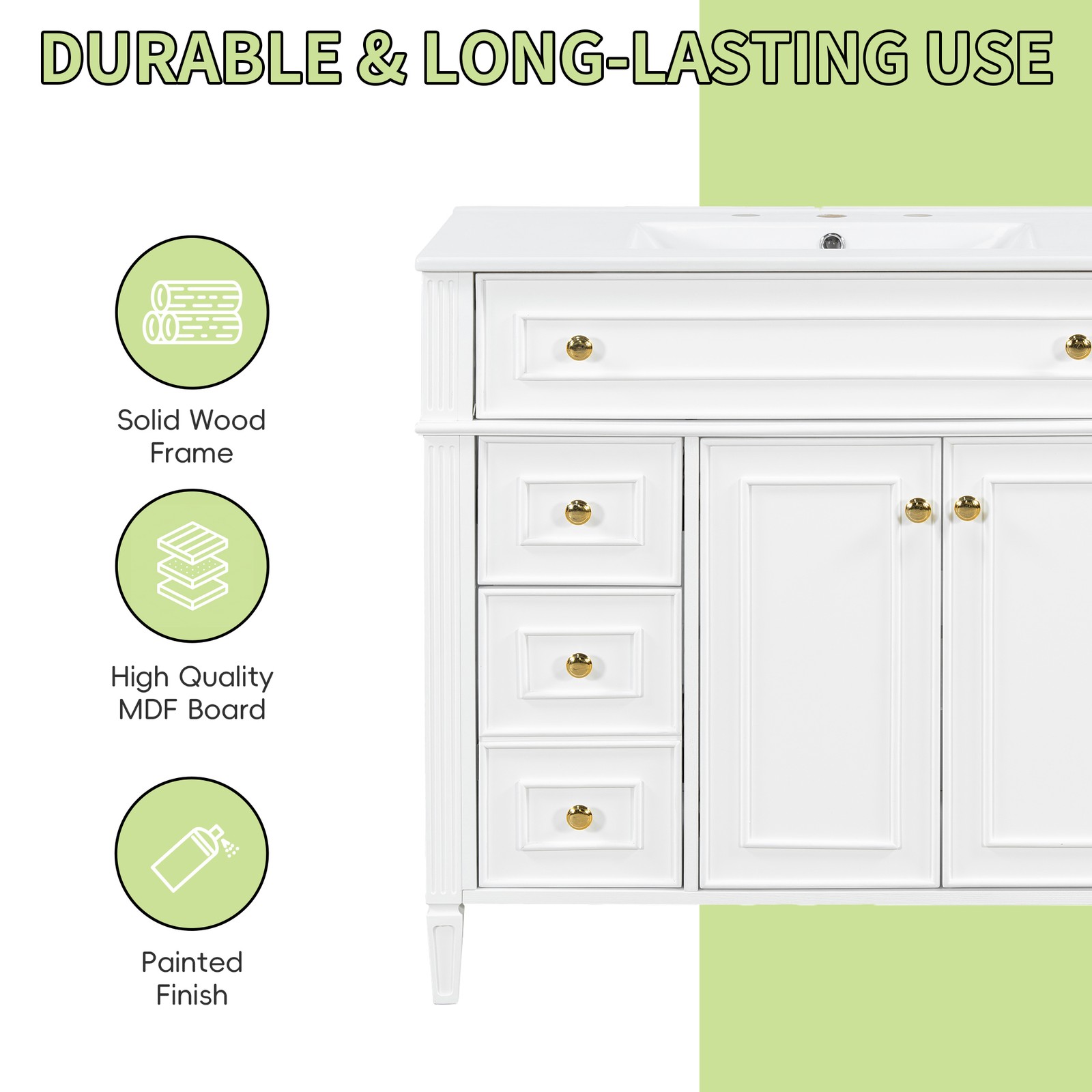 36″ Bathroom Vanity with Sink, White Solid Wood Cabinet, Gold Handles