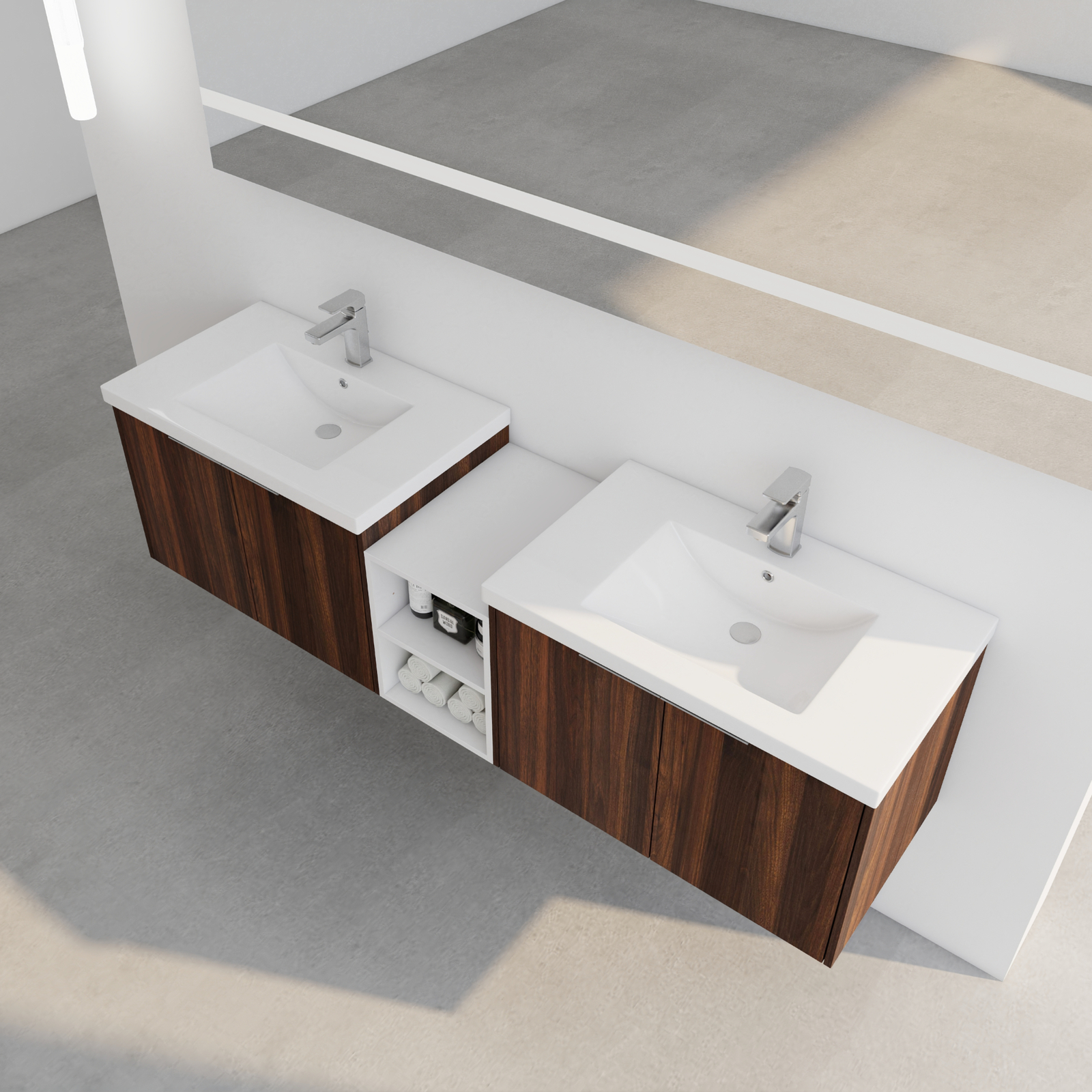 2X 30″ Bathroom Vanity Cabinet With Resin Sink +12″ Small Storage Shelves Walnut