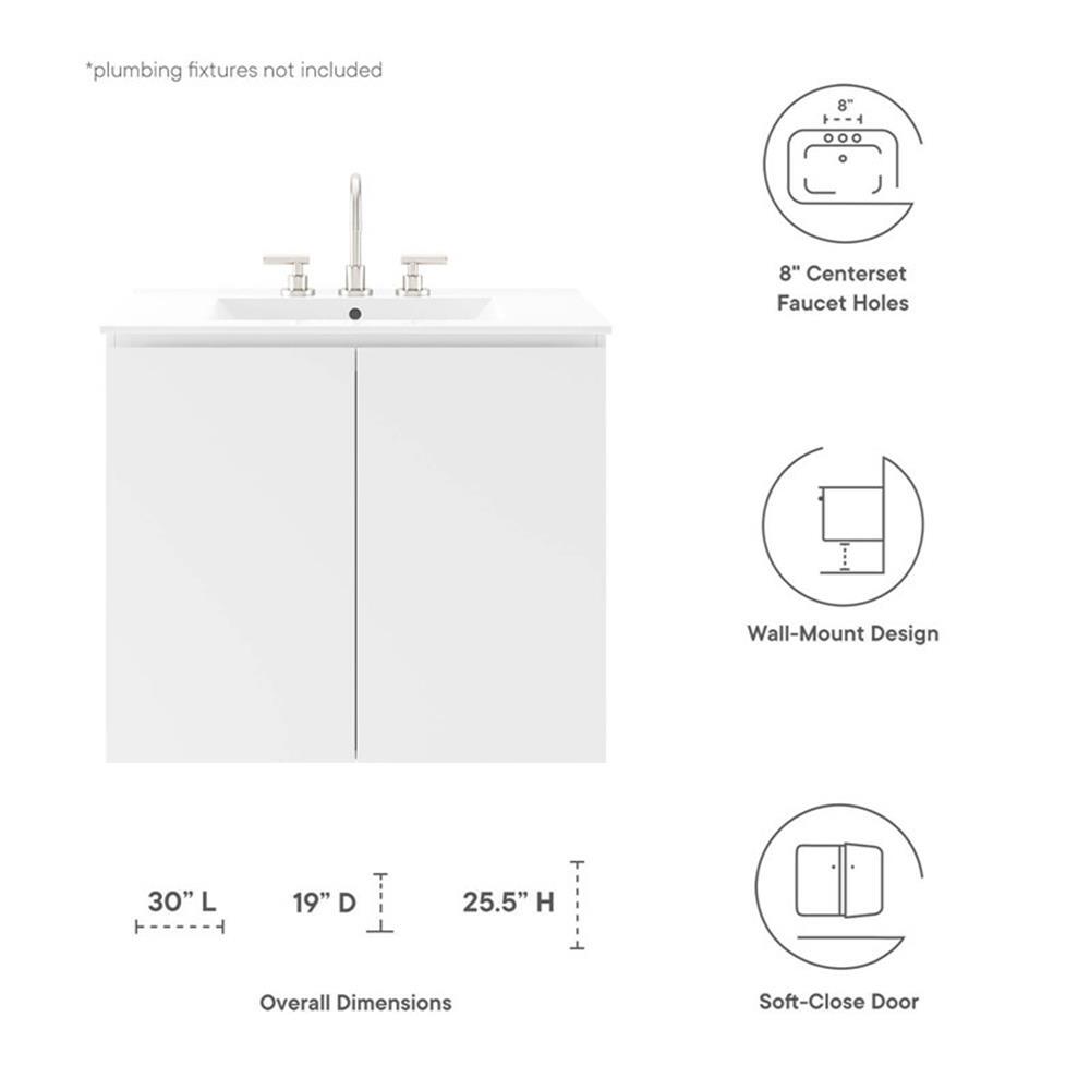 Modway Bryn 30″ Modern Wood/Ceramic Wall-Mount Bathroom Vanity in White