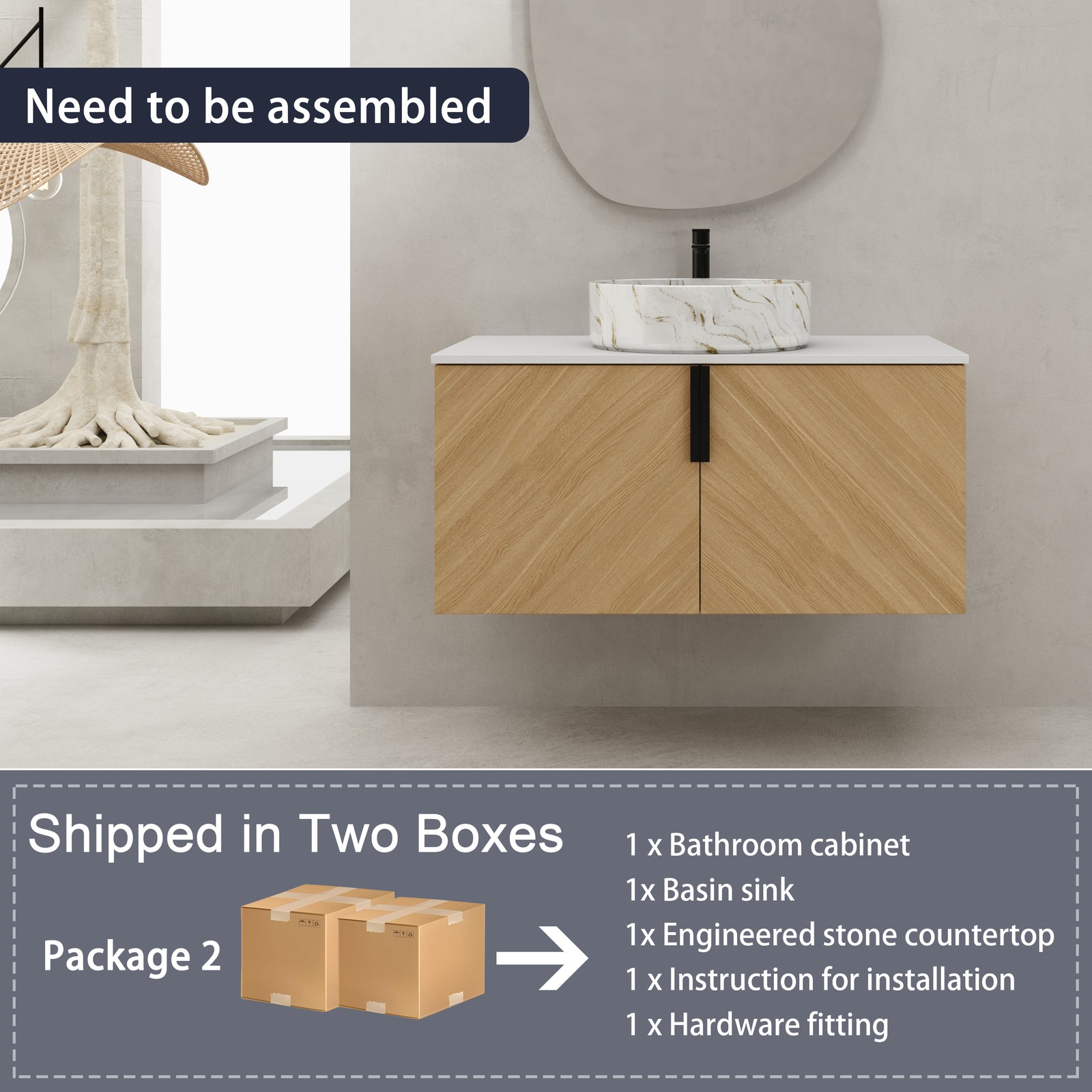 36 in Wall-Mounted Bathroom Vanity W/ Ceramic Vessel Sink Artificial Stone Slab