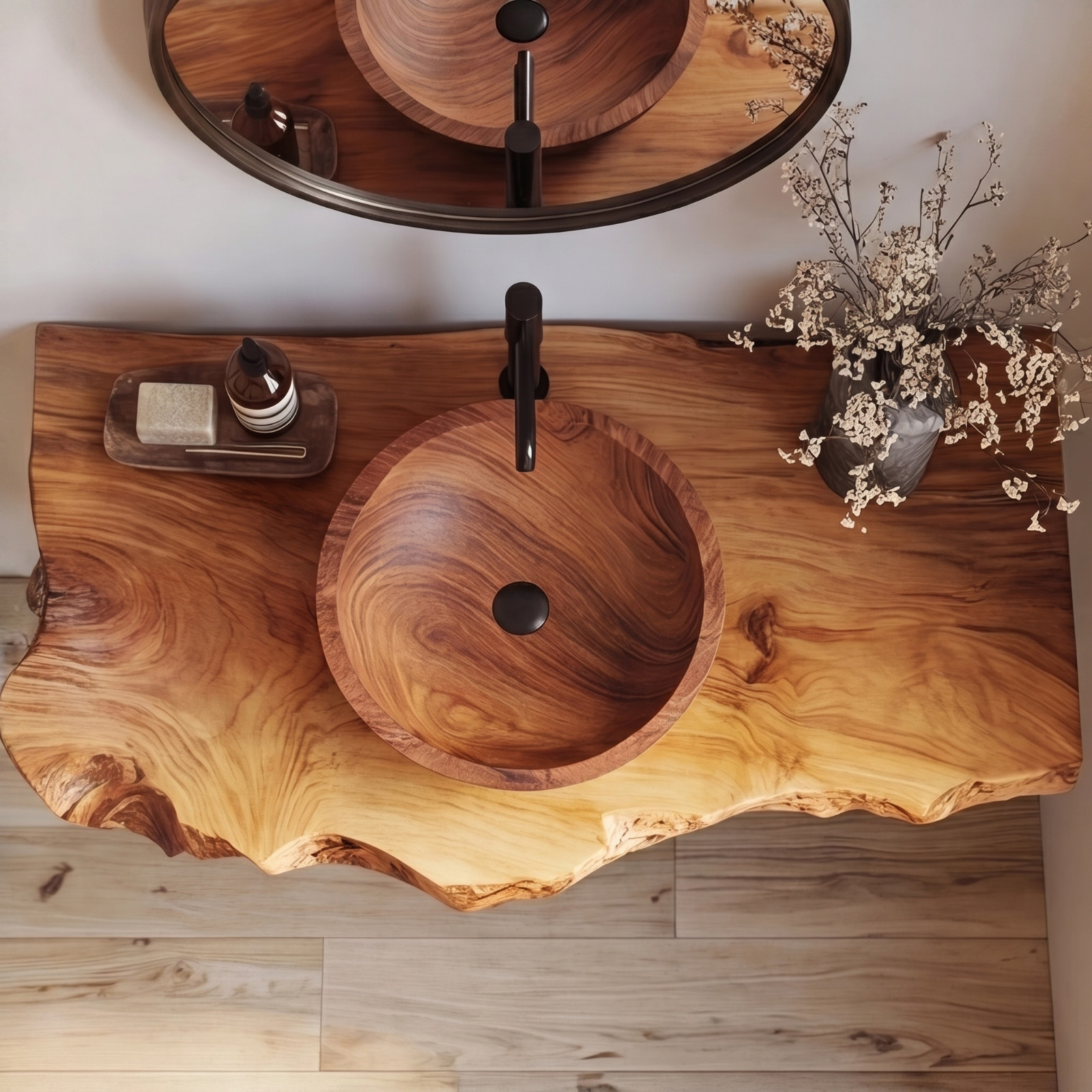 Organic Modern Bathroom Vanity – Natural Edge Solid Wood Slab Sink Console