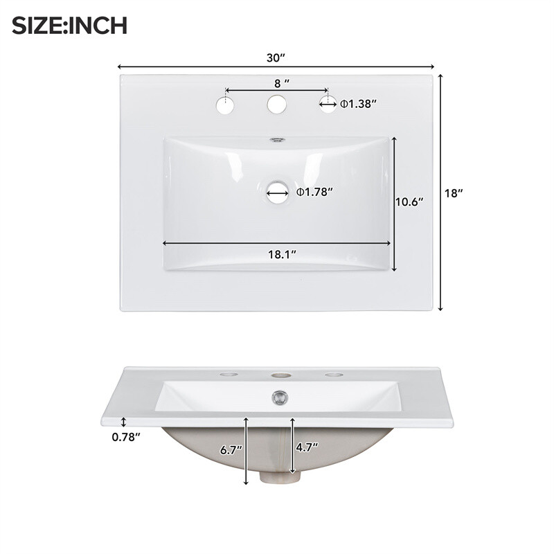 30″ Black Bathroom Vanity with Ceramic Sink,Adjustable Shelf & 3 Storage Drawer