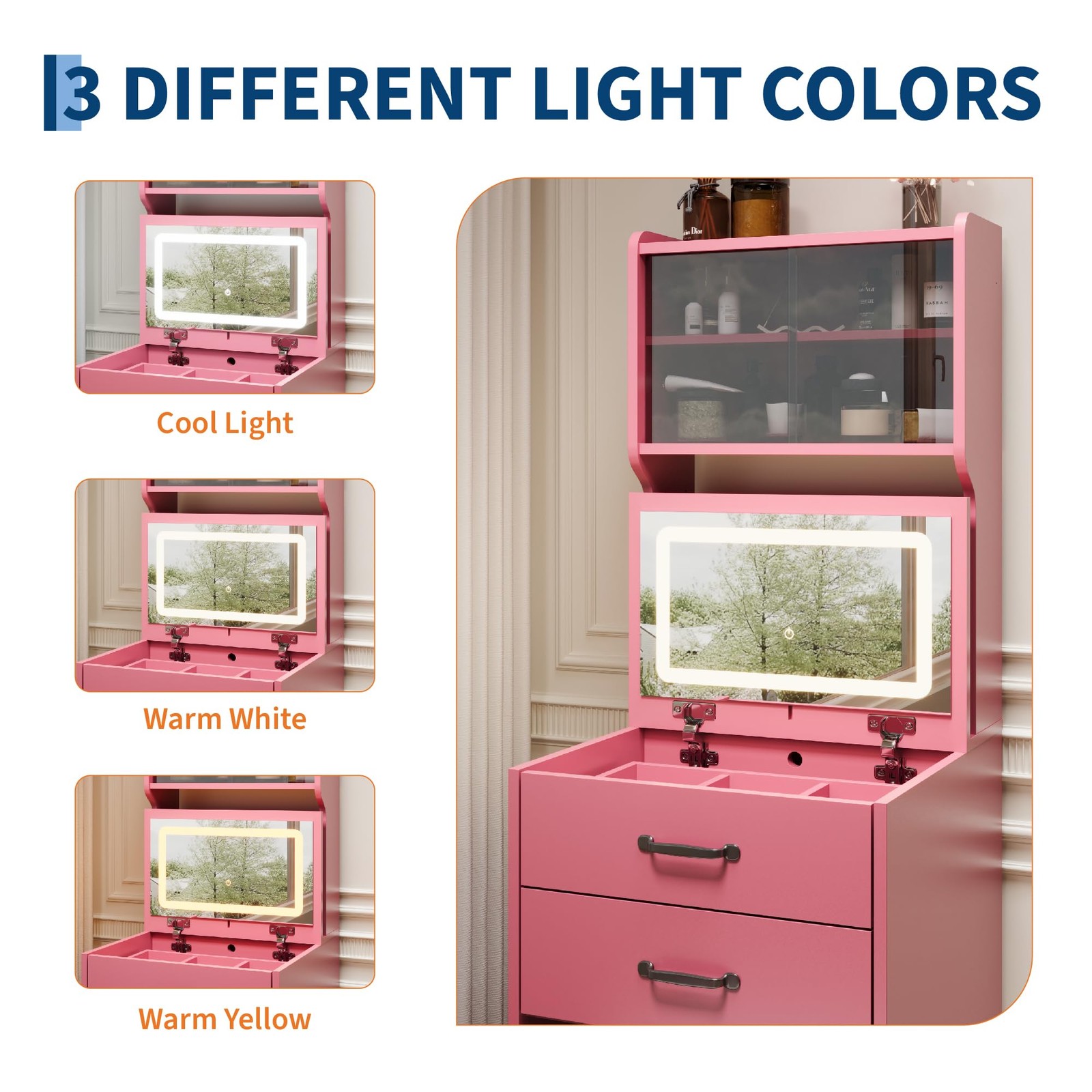 3 in 1 Vanity Flip Top Mirror Lights Collapsible Panel Hidden Stool Storage Pink