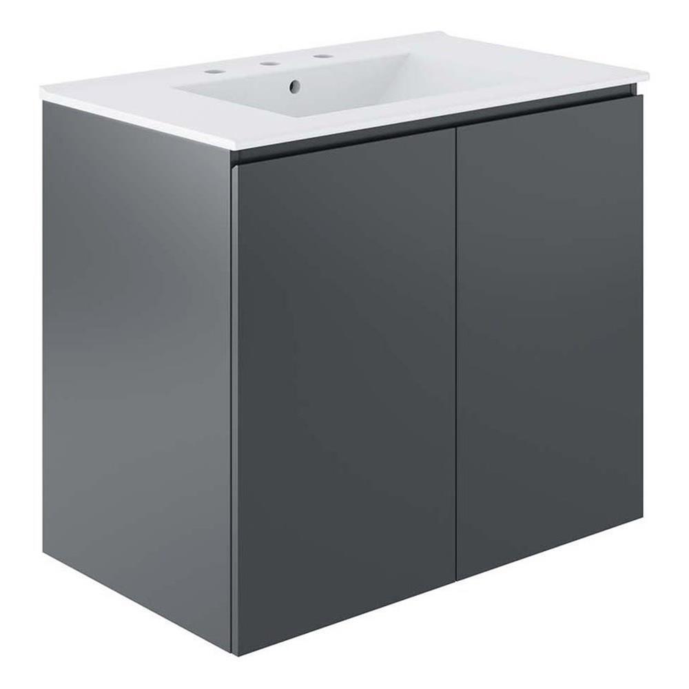 Modway Bryn 30″ Modern Wood/Ceramic Wall-Mount Bathroom Vanity in Gray/White