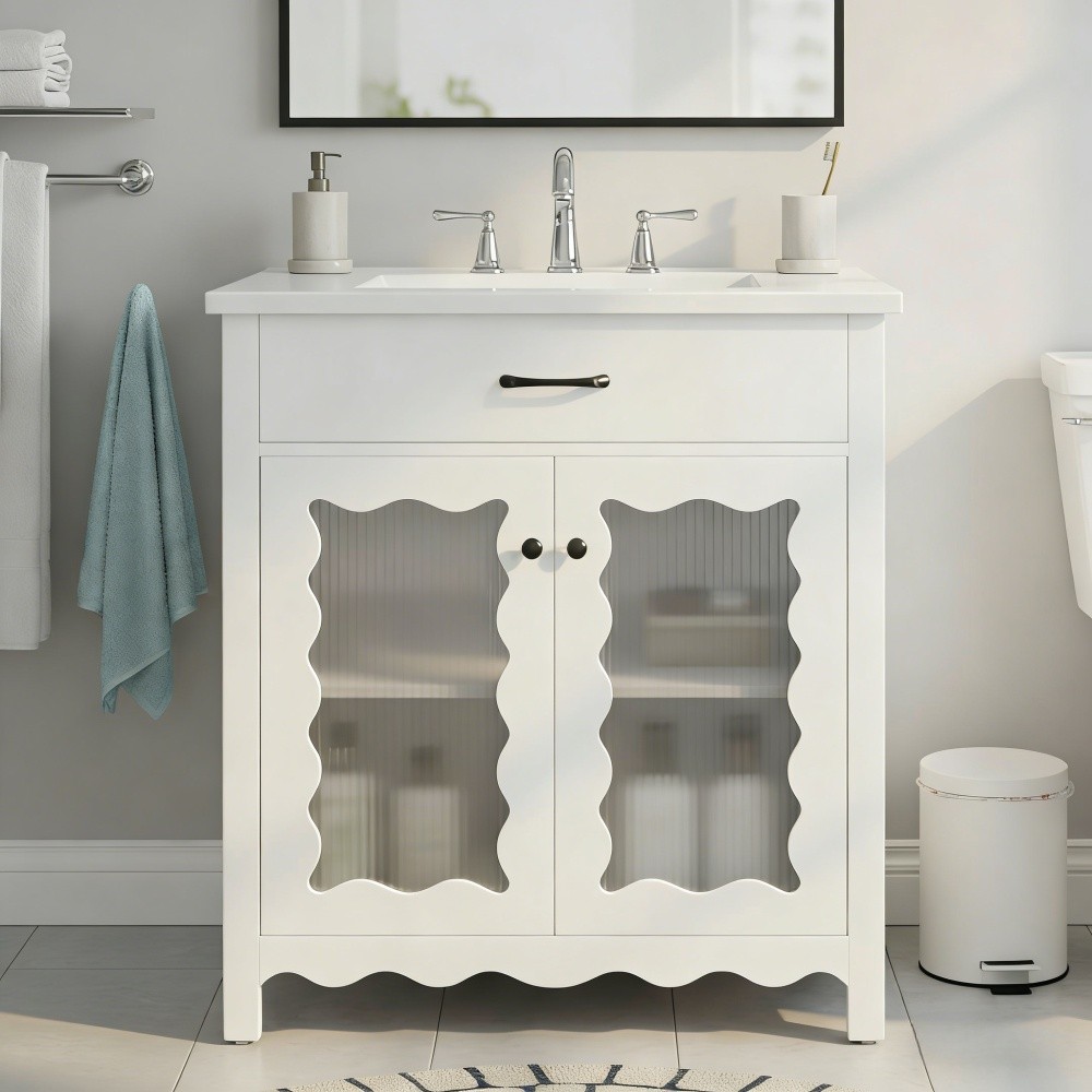 31″ Bathroom Vanity with Tempered Glass, Modern Cabinet with Rubber Wood legs