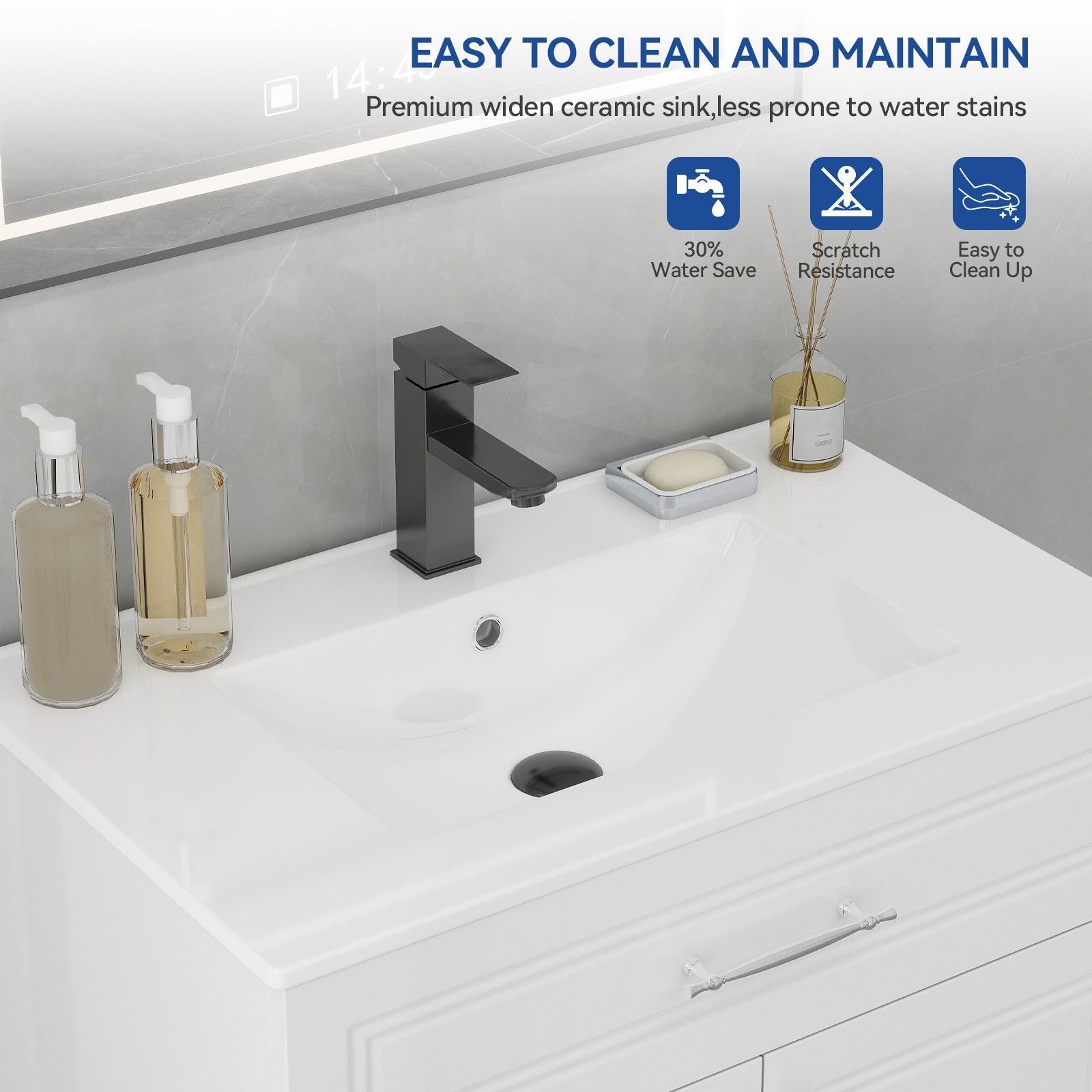 30″ White Bathroom Vanity with Sink Soft-Close Cabinet No Faucet